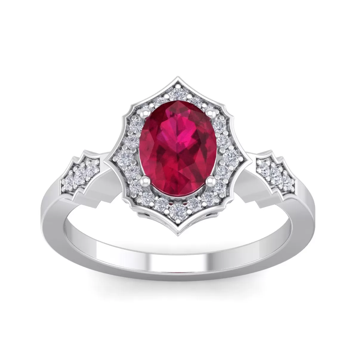 1 1/2 Carat Oval Shape Created Ruby And Halo Diamond Ring In Sterling Silver