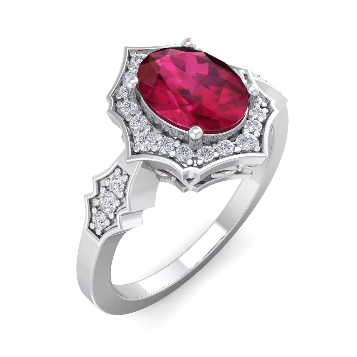 1 1/2 Carat Oval Shape Created Ruby And Halo Diamond Ring In Sterling Silver