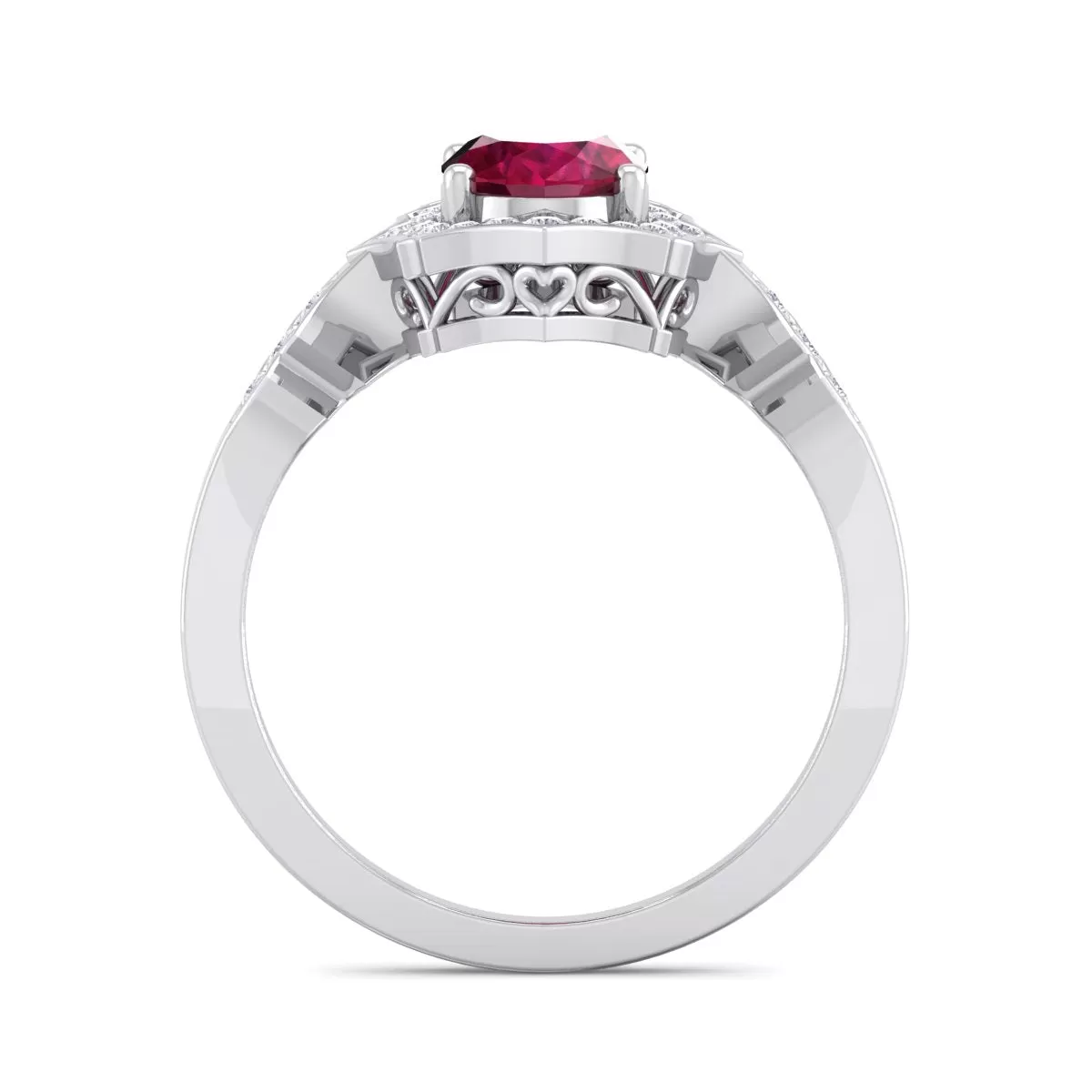 1 1/2 Carat Oval Shape Created Ruby And Halo Diamond Ring In Sterling Silver