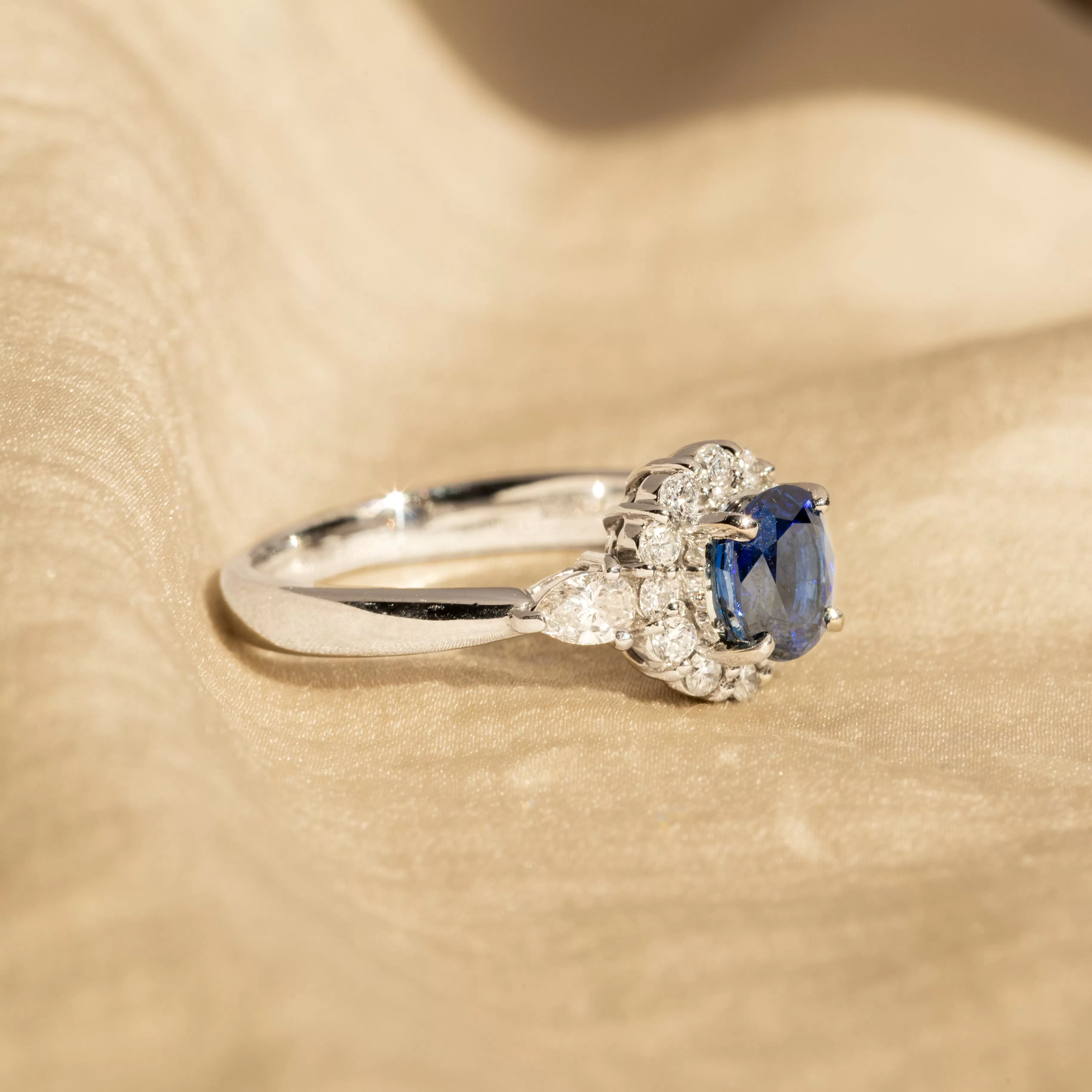 1.08 Carat Oval Natural Sapphire Diamond Halo Ring