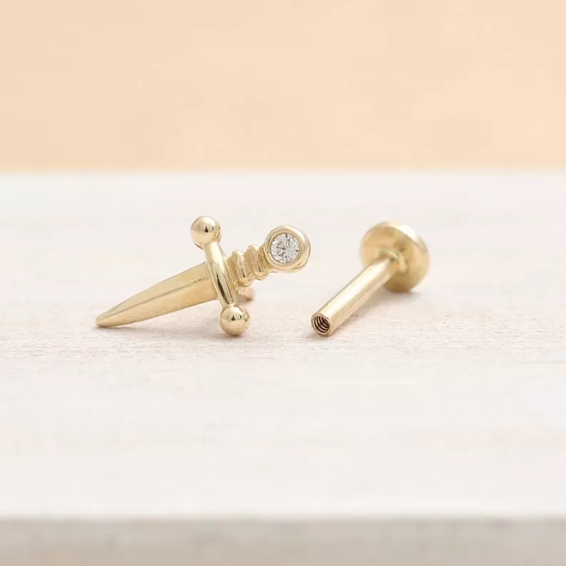 14K Real Gold CZ, Moissanite or Diamond Bezel Sword Helix Cartilage Tragus Inner Conch Internally Threaded Flat Back Earring Labret