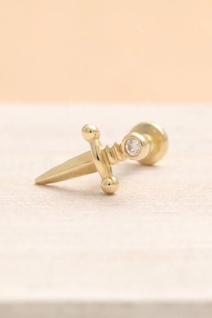 14K Real Gold CZ, Moissanite or Diamond Bezel Sword Helix Cartilage Tragus Inner Conch Internally Threaded Flat Back Earring Labret