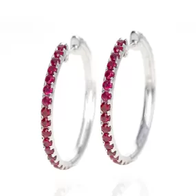 14K White Gold Natural Ruby Diamond Reversible Hoop Earrings