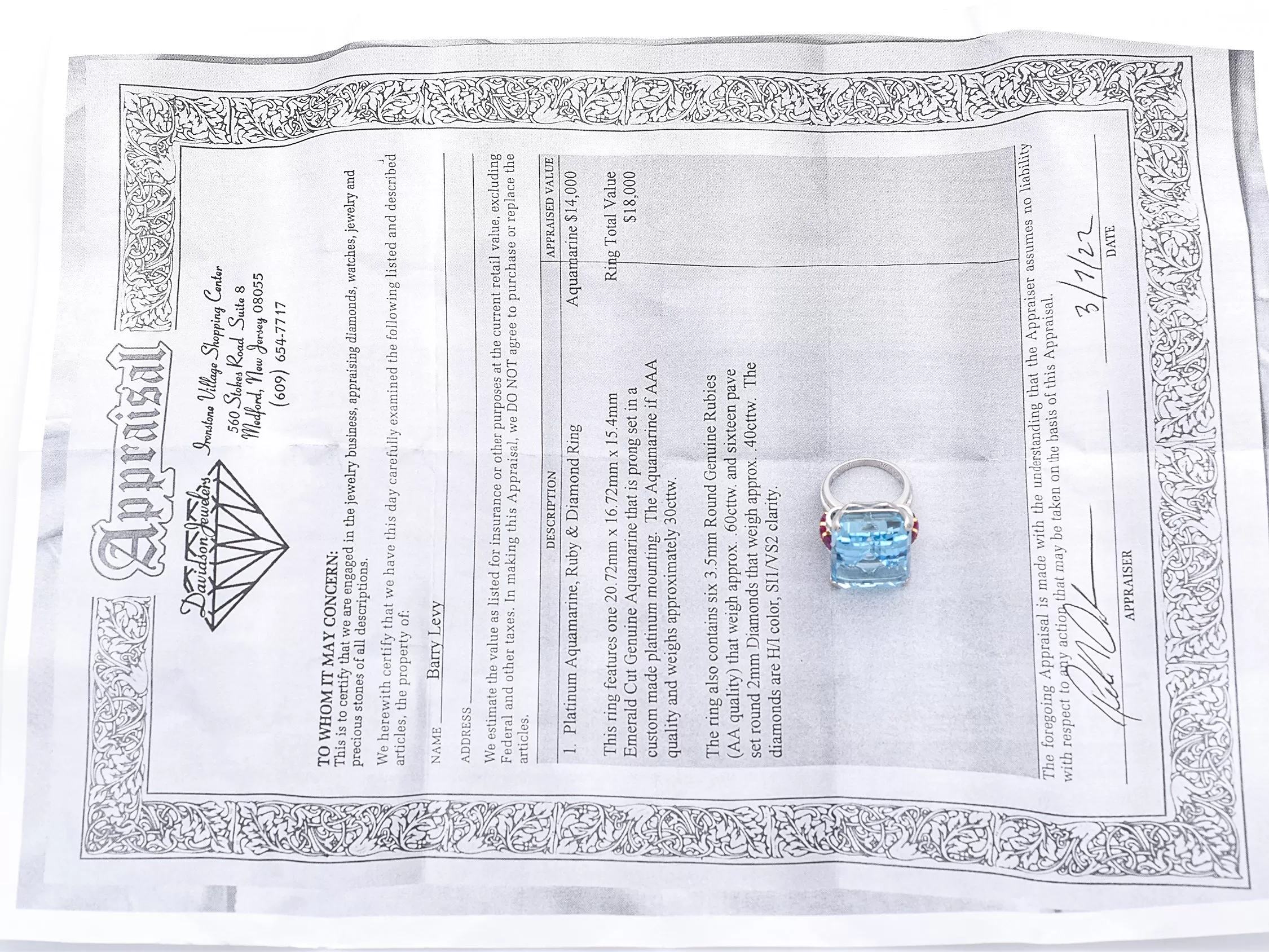 $18,000 Appraised Platinum 30 TCW Aquamarine, Ruby & 0.40 TCW Diamond Ring  Box