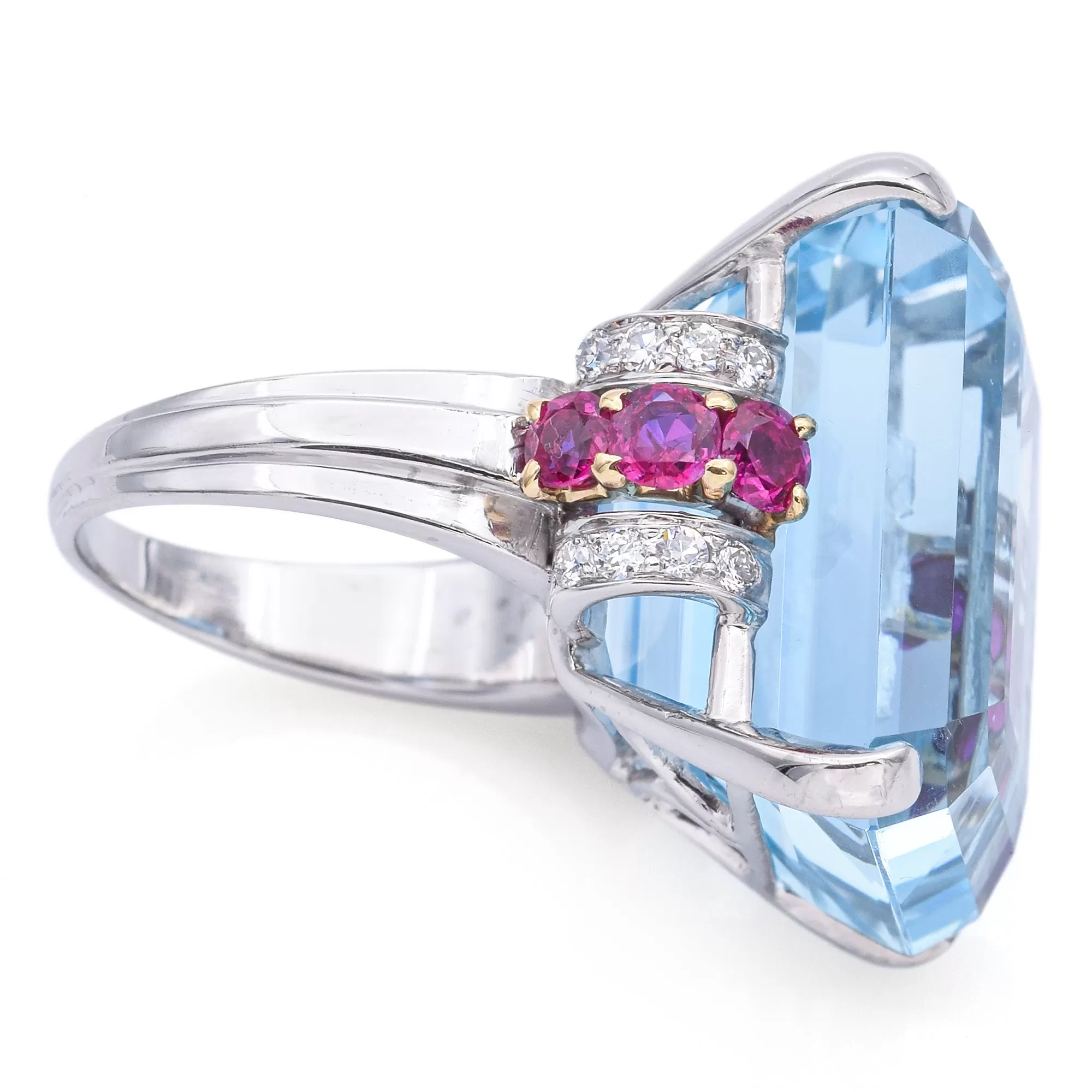 $18,000 Appraised Platinum 30 TCW Aquamarine, Ruby & 0.40 TCW Diamond Ring  Box