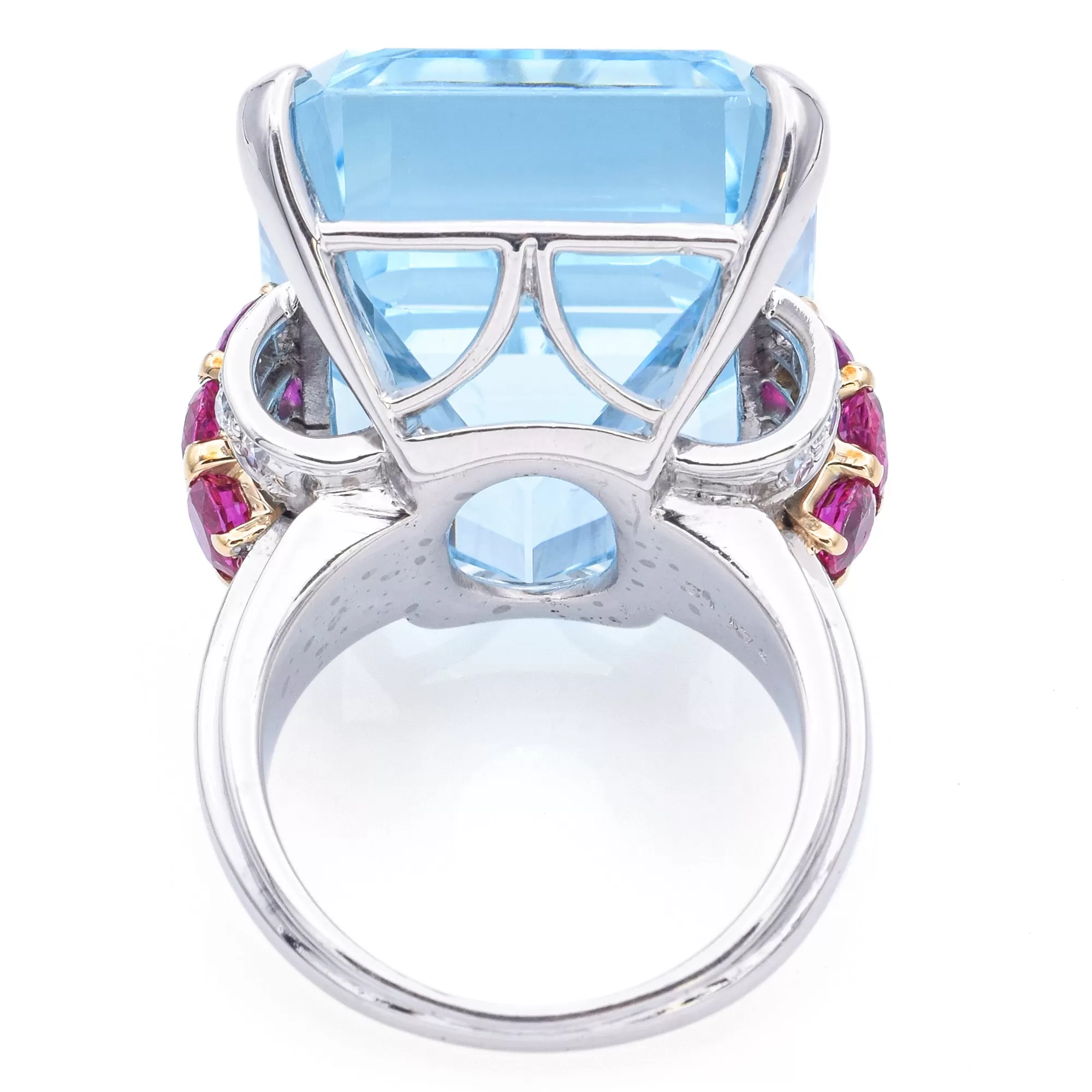 $18,000 Appraised Platinum 30 TCW Aquamarine, Ruby & 0.40 TCW Diamond Ring  Box