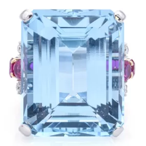 $18,000 Appraised Platinum 30 TCW Aquamarine, Ruby & 0.40 TCW Diamond Ring  Box