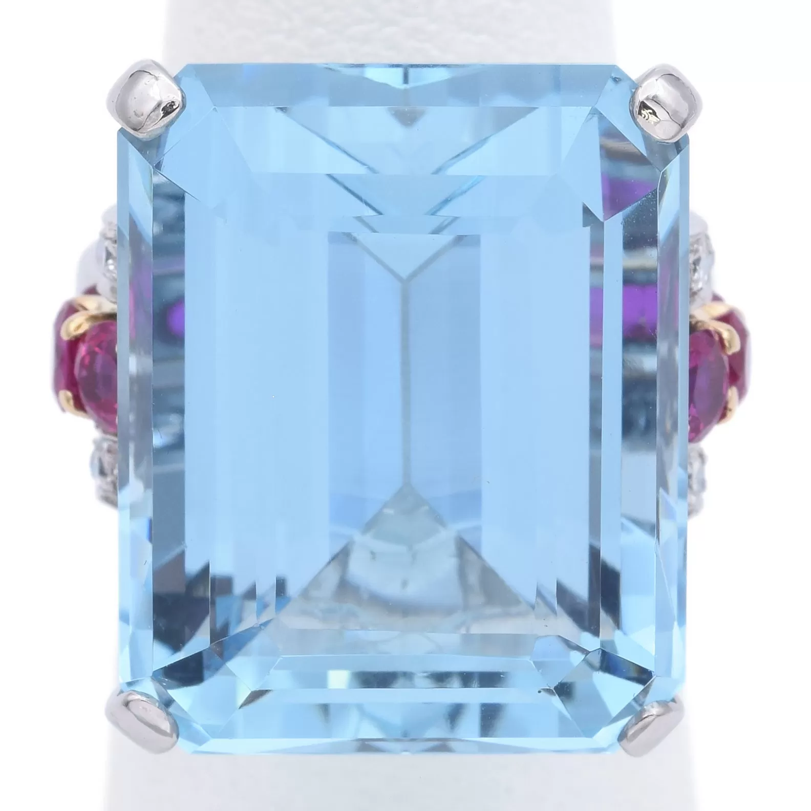 $18,000 Appraised Platinum 30 TCW Aquamarine, Ruby & 0.40 TCW Diamond Ring  Box