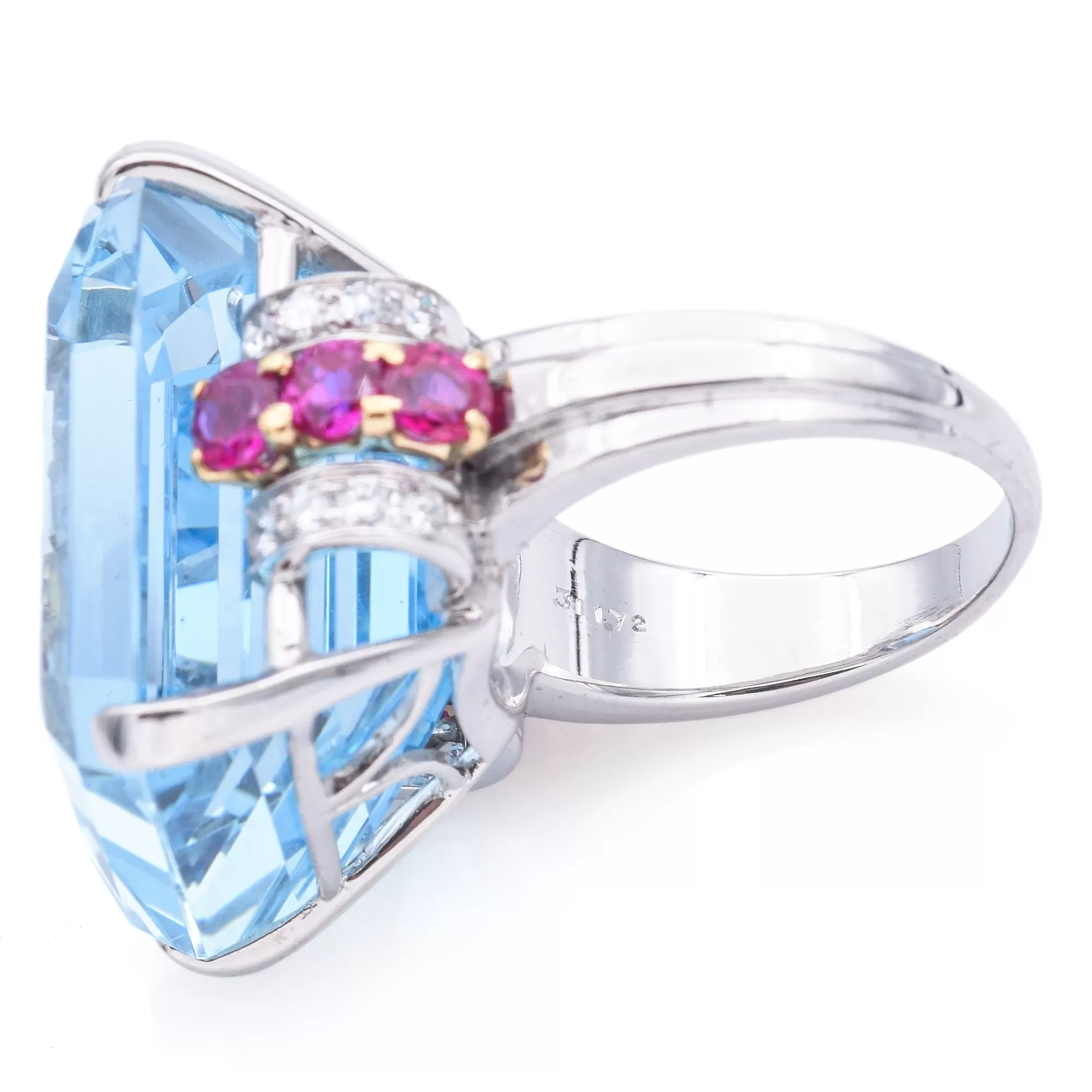 $18,000 Appraised Platinum 30 TCW Aquamarine, Ruby & 0.40 TCW Diamond Ring  Box