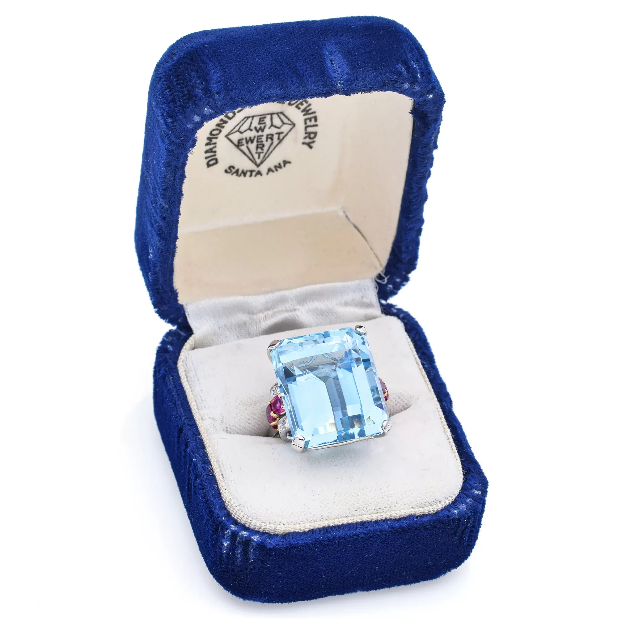 $18,000 Appraised Platinum 30 TCW Aquamarine, Ruby & 0.40 TCW Diamond Ring  Box