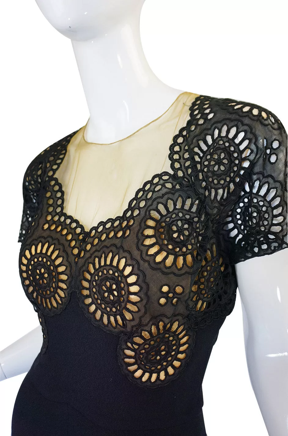 1940s Lace Illusion Peplum Crepe Dress