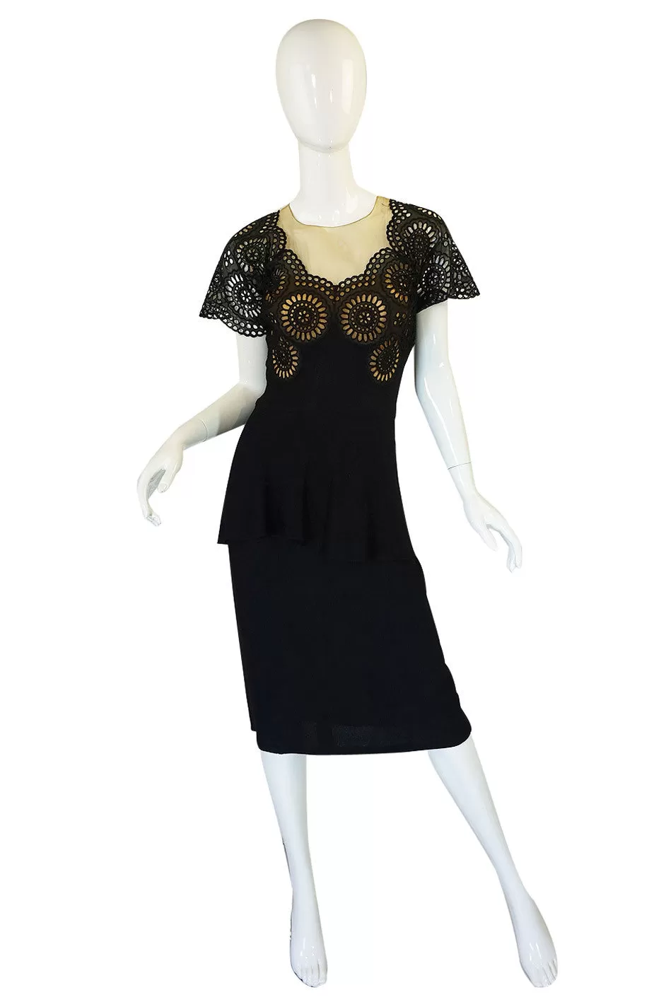 1940s Lace Illusion Peplum Crepe Dress