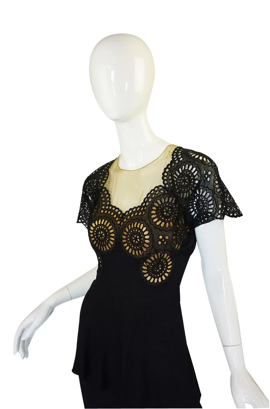 1940s Lace Illusion Peplum Crepe Dress