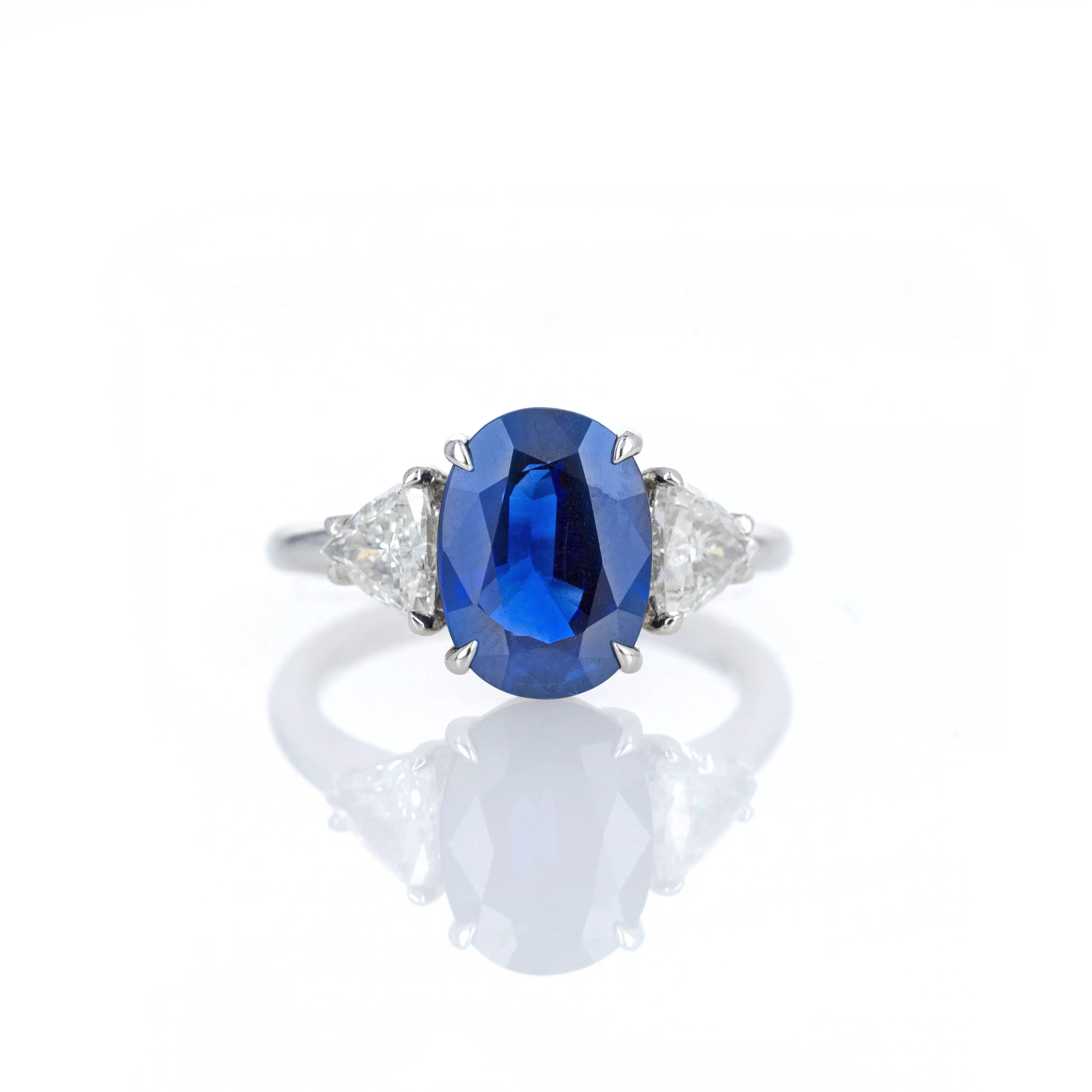 4.24 Carat Natural No Heat Sapphire Trillion Diamond Three Stone Ring