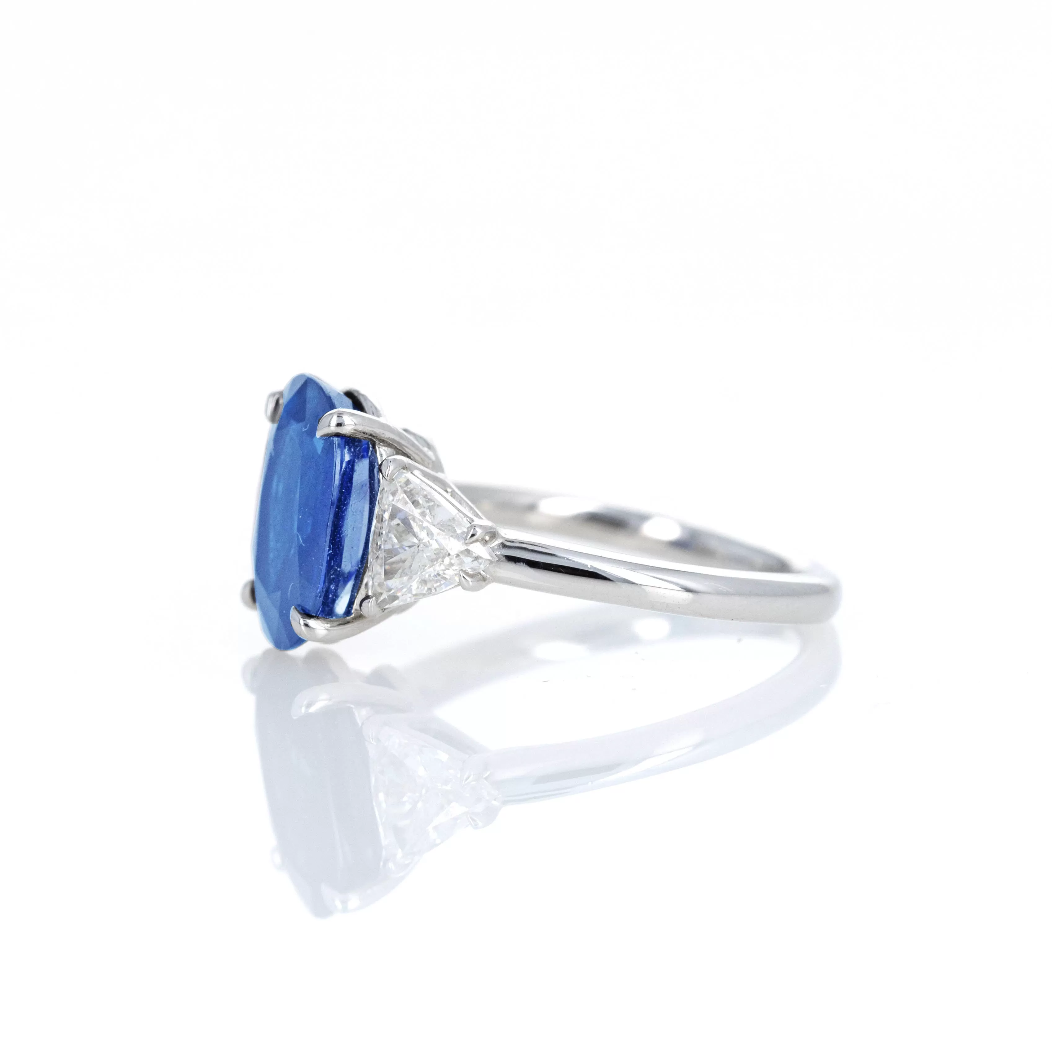 4.24 Carat Natural No Heat Sapphire Trillion Diamond Three Stone Ring