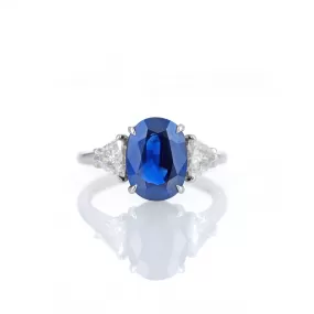 4.24 Carat Natural No Heat Sapphire Trillion Diamond Three Stone Ring