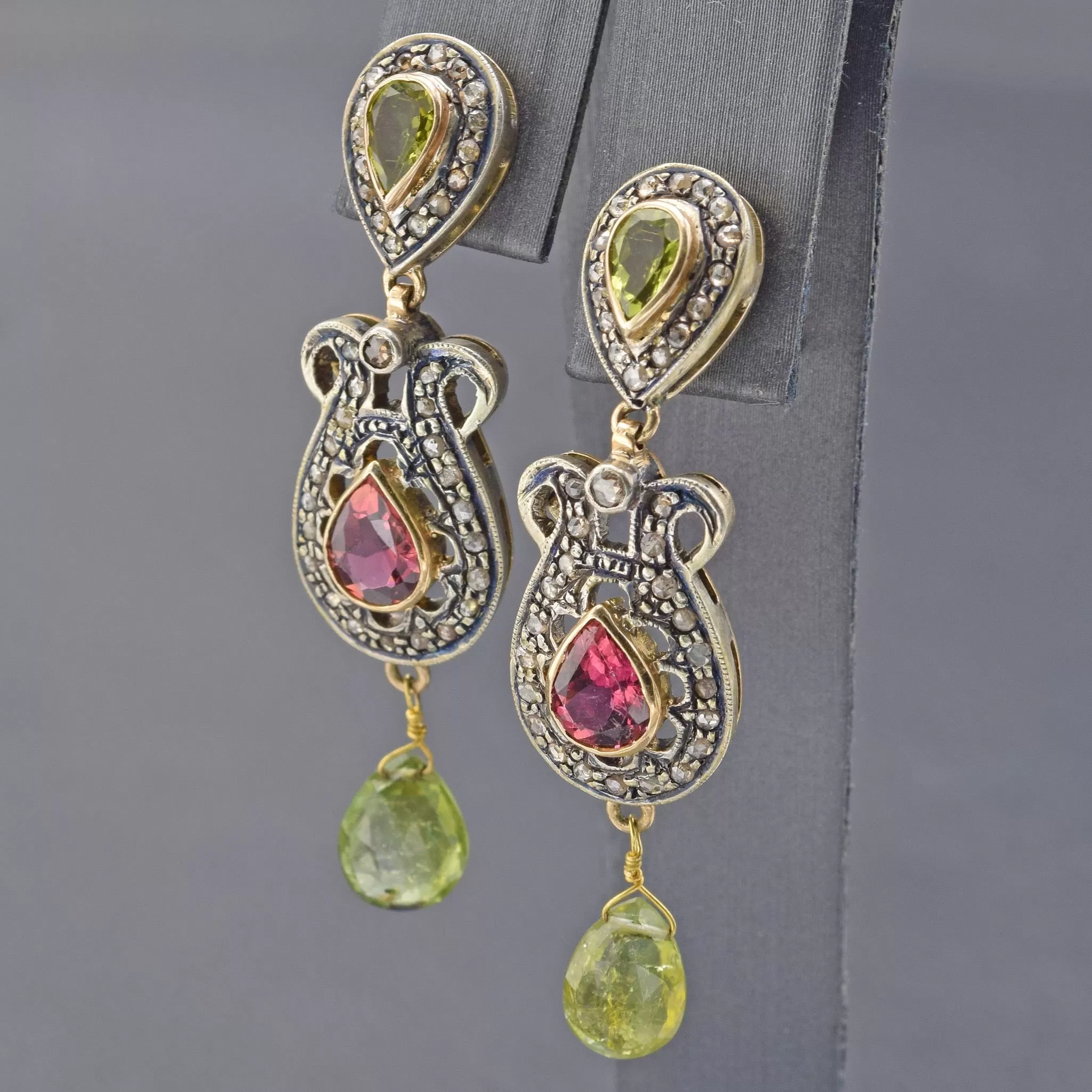 Antique 14K Gold Italian Hand-Made Multi-Stone & 0.80 TCW Diamond Dangle Earrings