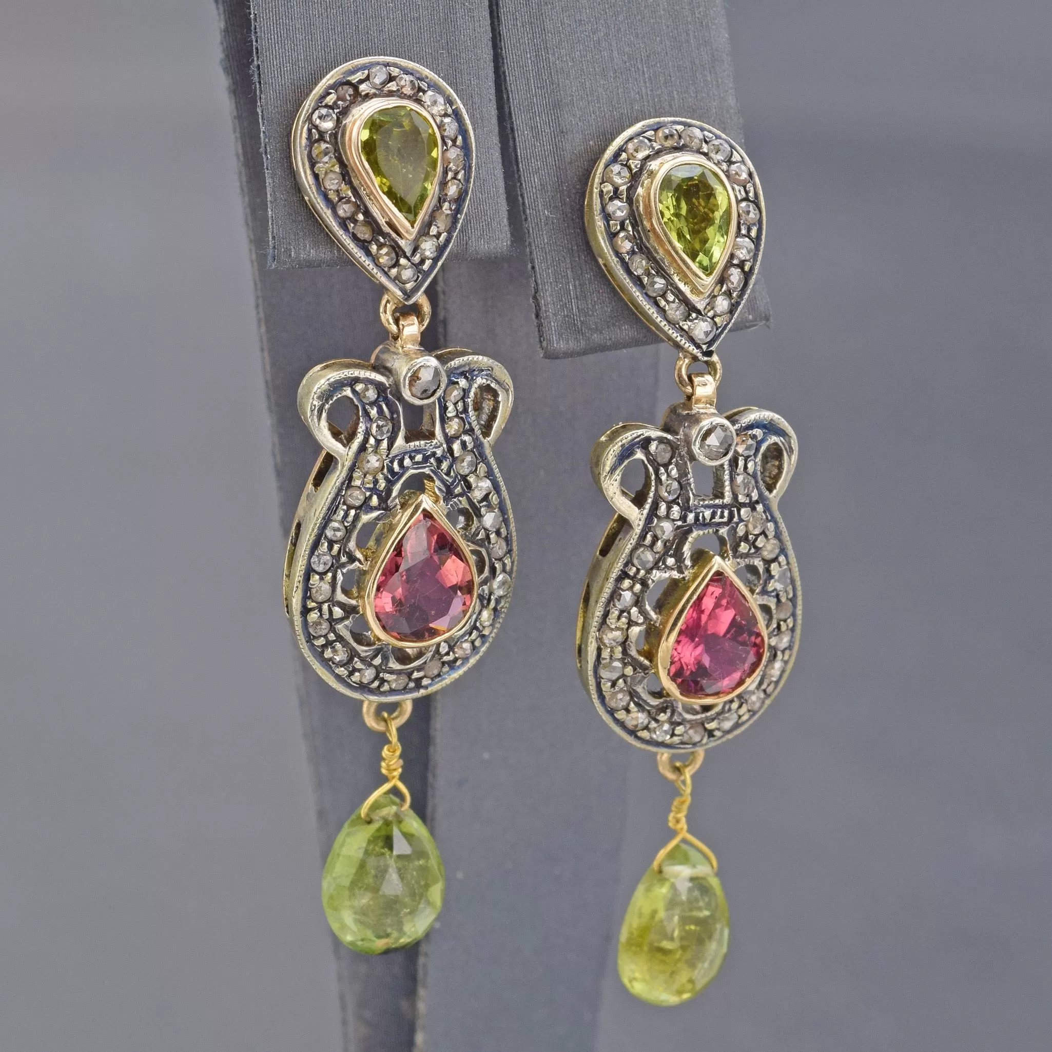 Antique 14K Gold Italian Hand-Made Multi-Stone & 0.80 TCW Diamond Dangle Earrings