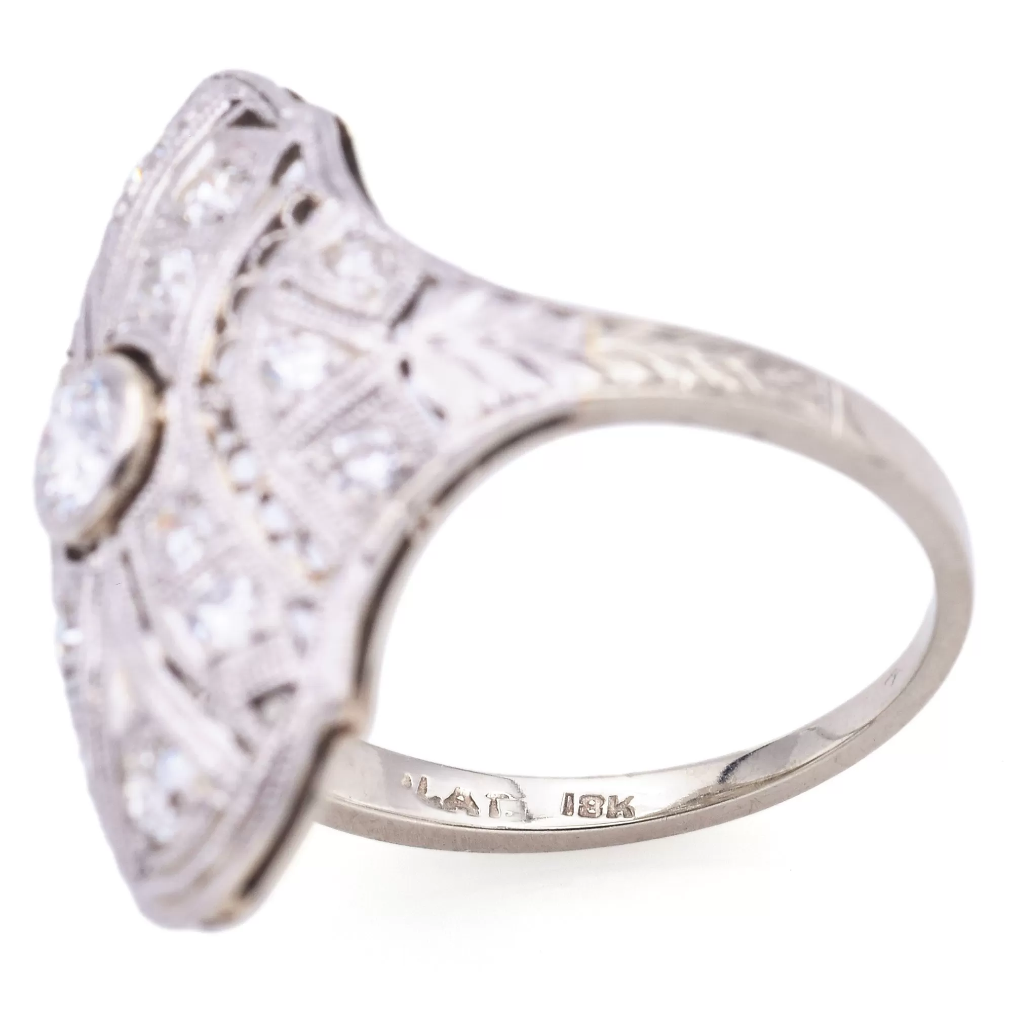 Antique 18K White Gold & Platinum Diamond Shield Cocktail Ring Size 6