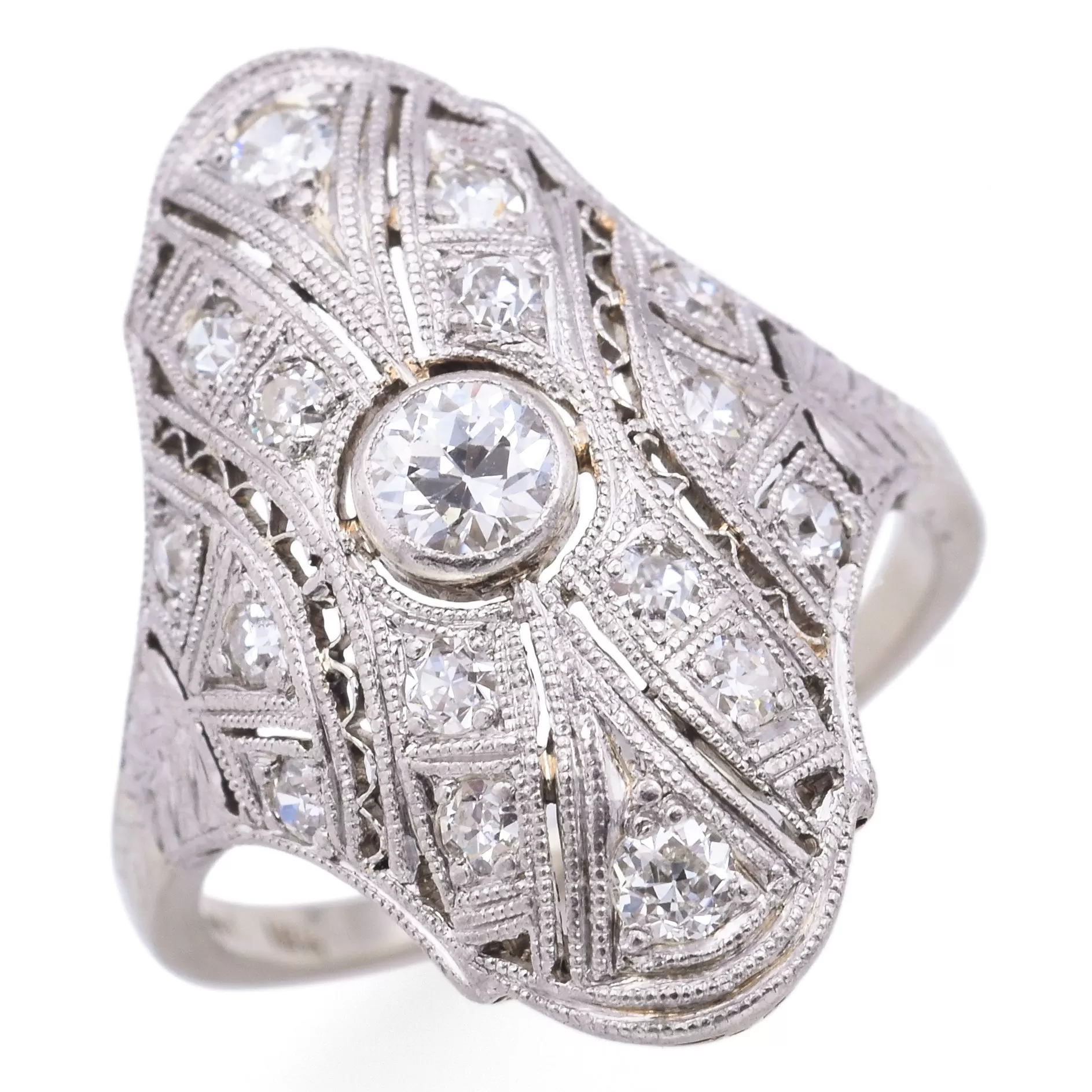 Antique 18K White Gold & Platinum Diamond Shield Cocktail Ring Size 6