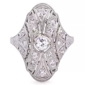 Antique 18K White Gold & Platinum Diamond Shield Cocktail Ring Size 6