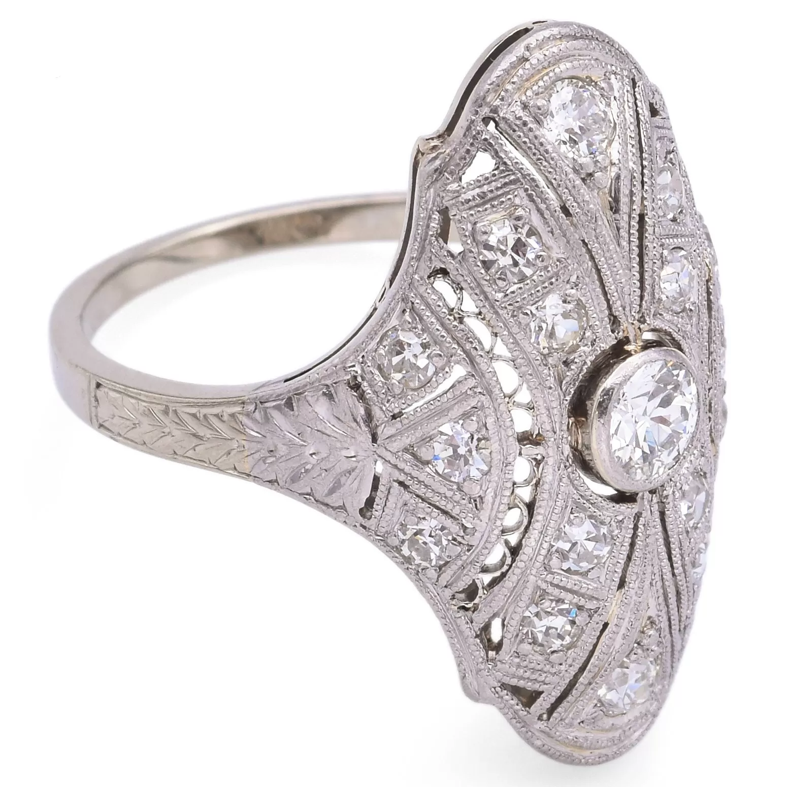 Antique 18K White Gold & Platinum Diamond Shield Cocktail Ring Size 6