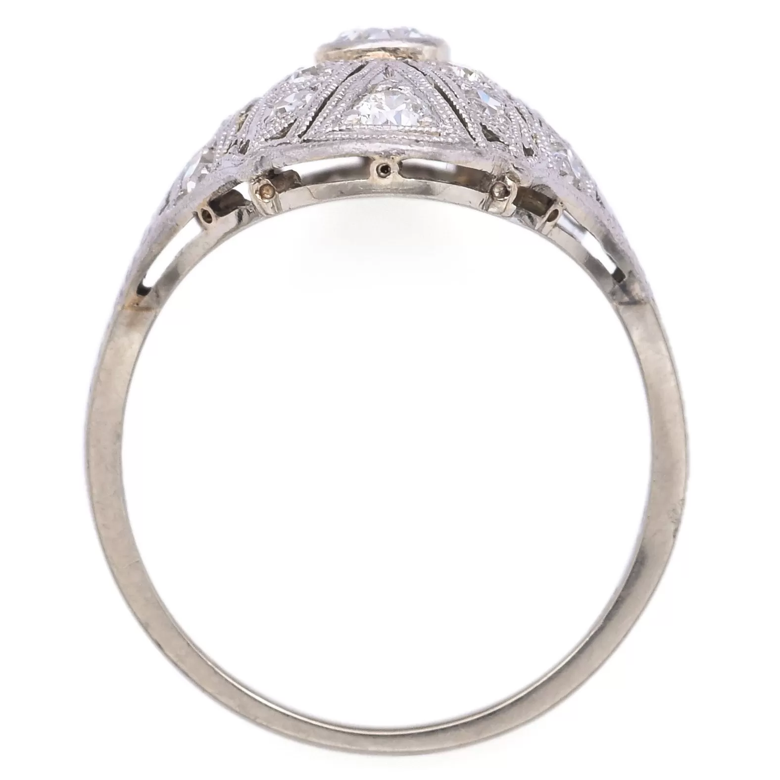 Antique 18K White Gold & Platinum Diamond Shield Cocktail Ring Size 6