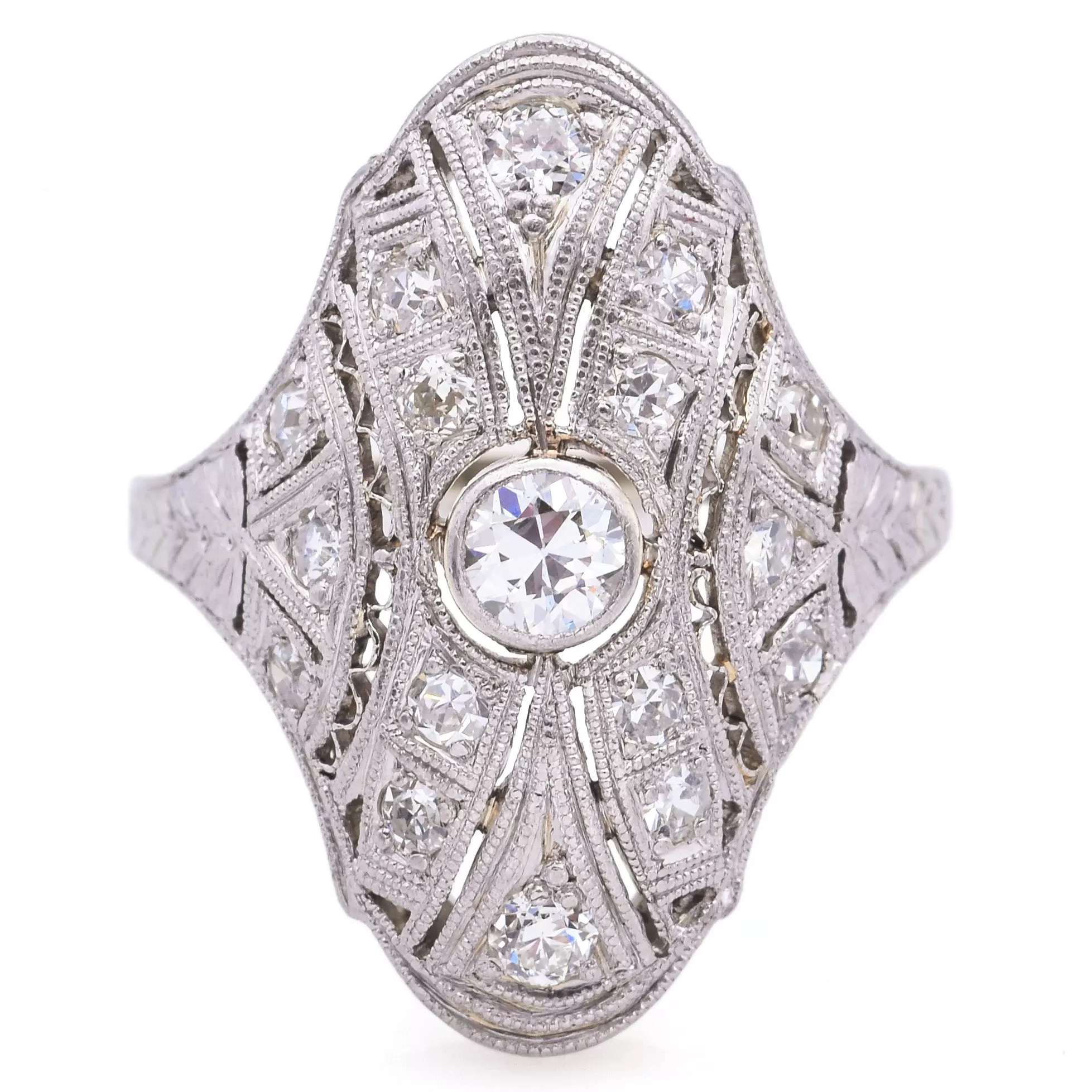 Antique 18K White Gold & Platinum Diamond Shield Cocktail Ring Size 6