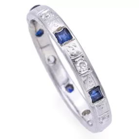 Antique 18K White Gold Sapphire & Diamond Etched Eternity Band Ring Size 7.5