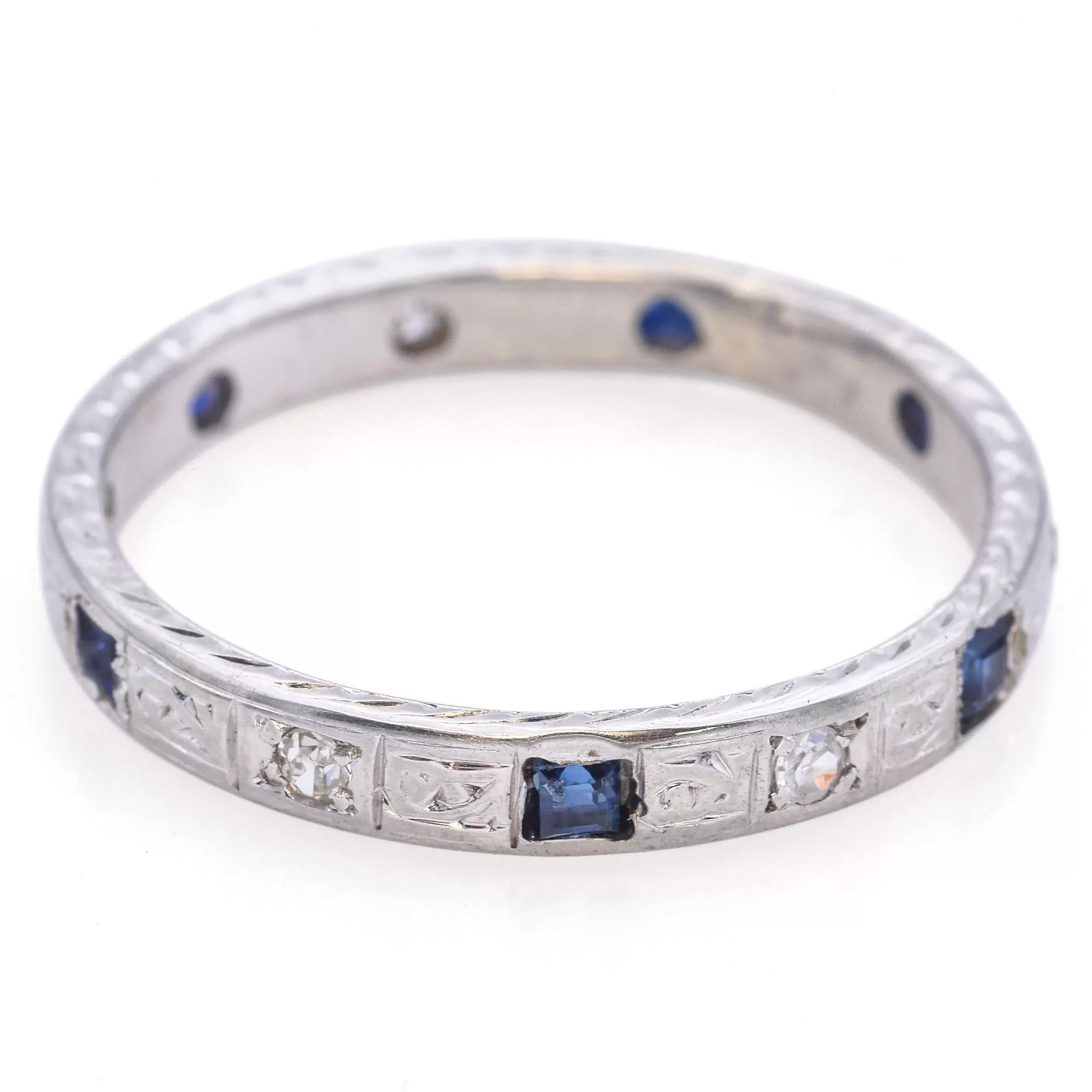 Antique 18K White Gold Sapphire & Diamond Etched Eternity Band Ring Size 7.5