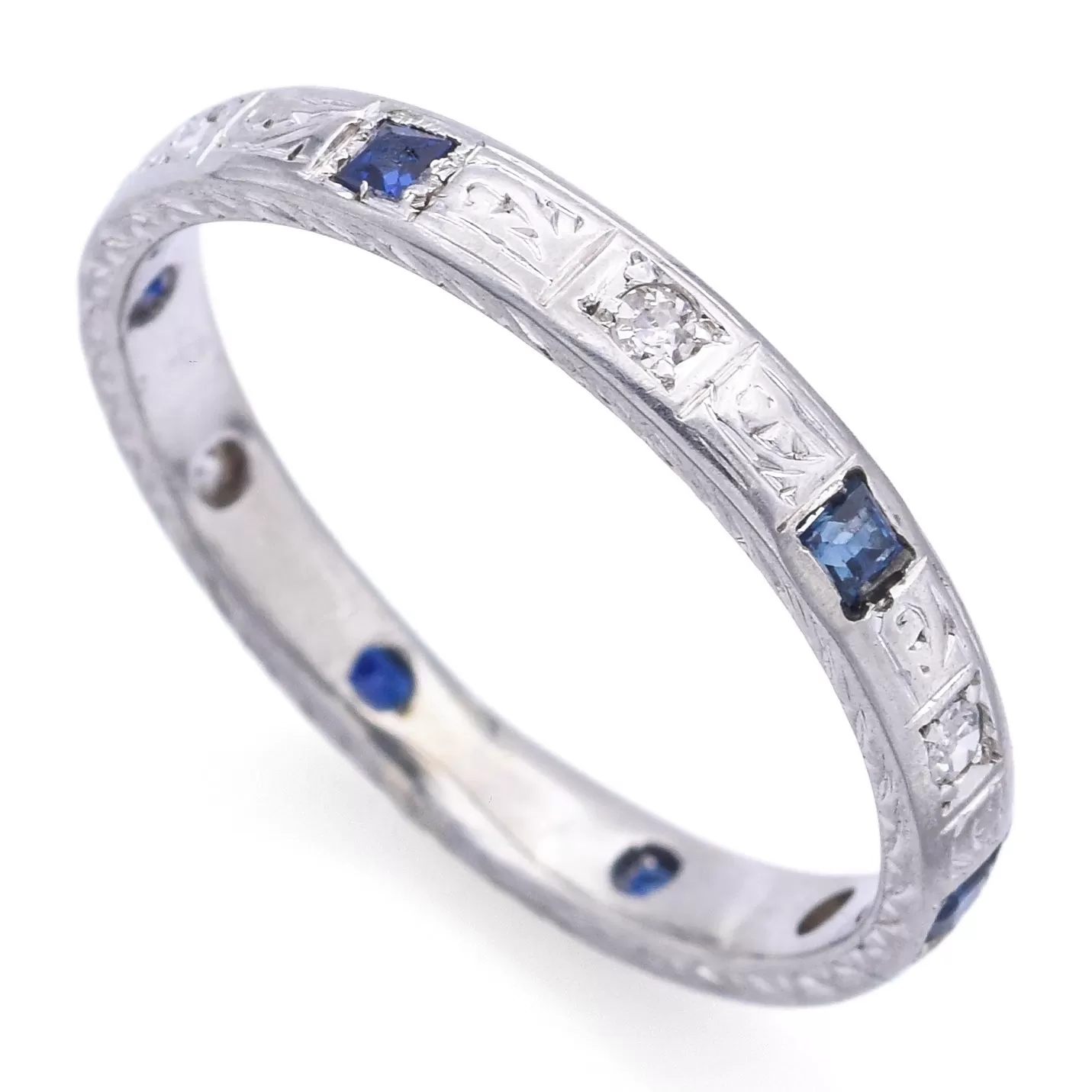 Antique 18K White Gold Sapphire & Diamond Etched Eternity Band Ring Size 7.5