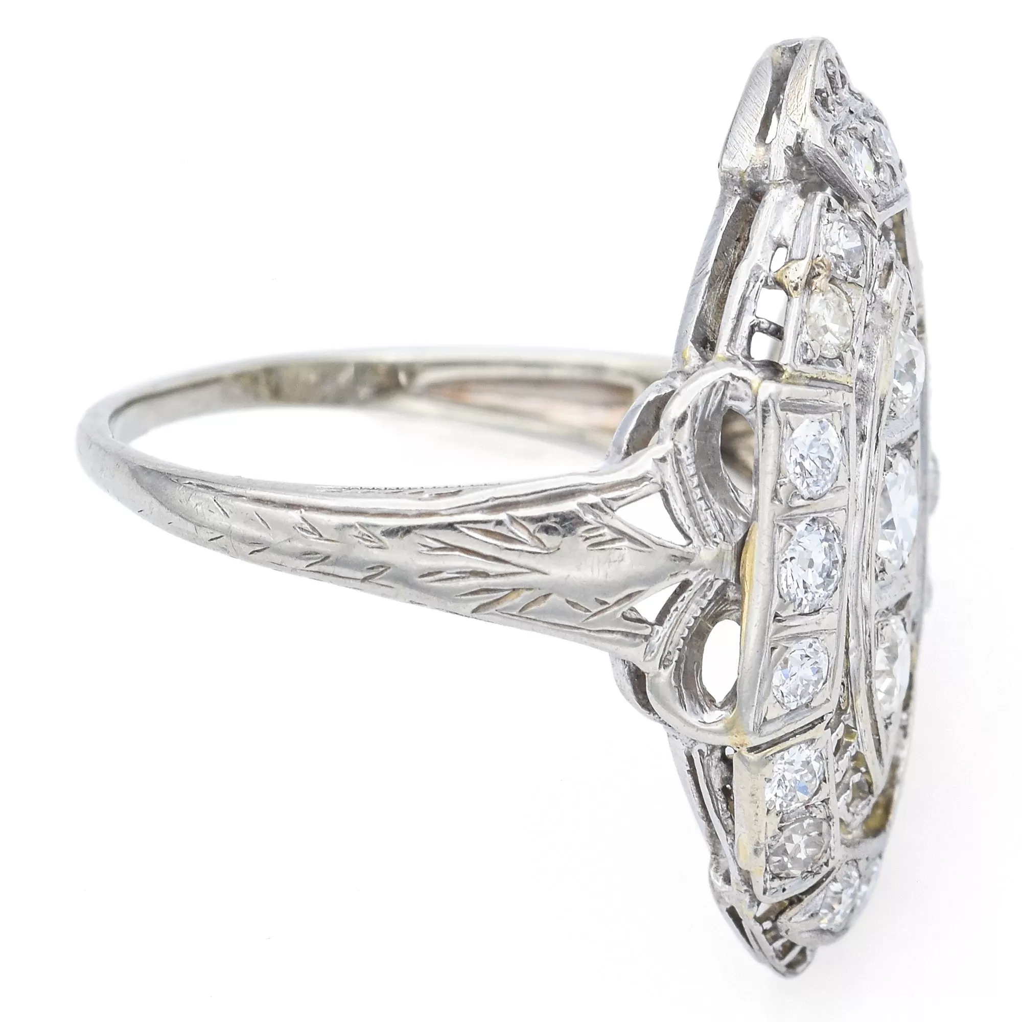 Antique Art Deco 14K White Gold 0.83 TCW Diamond Cocktail Ring Size 6.5