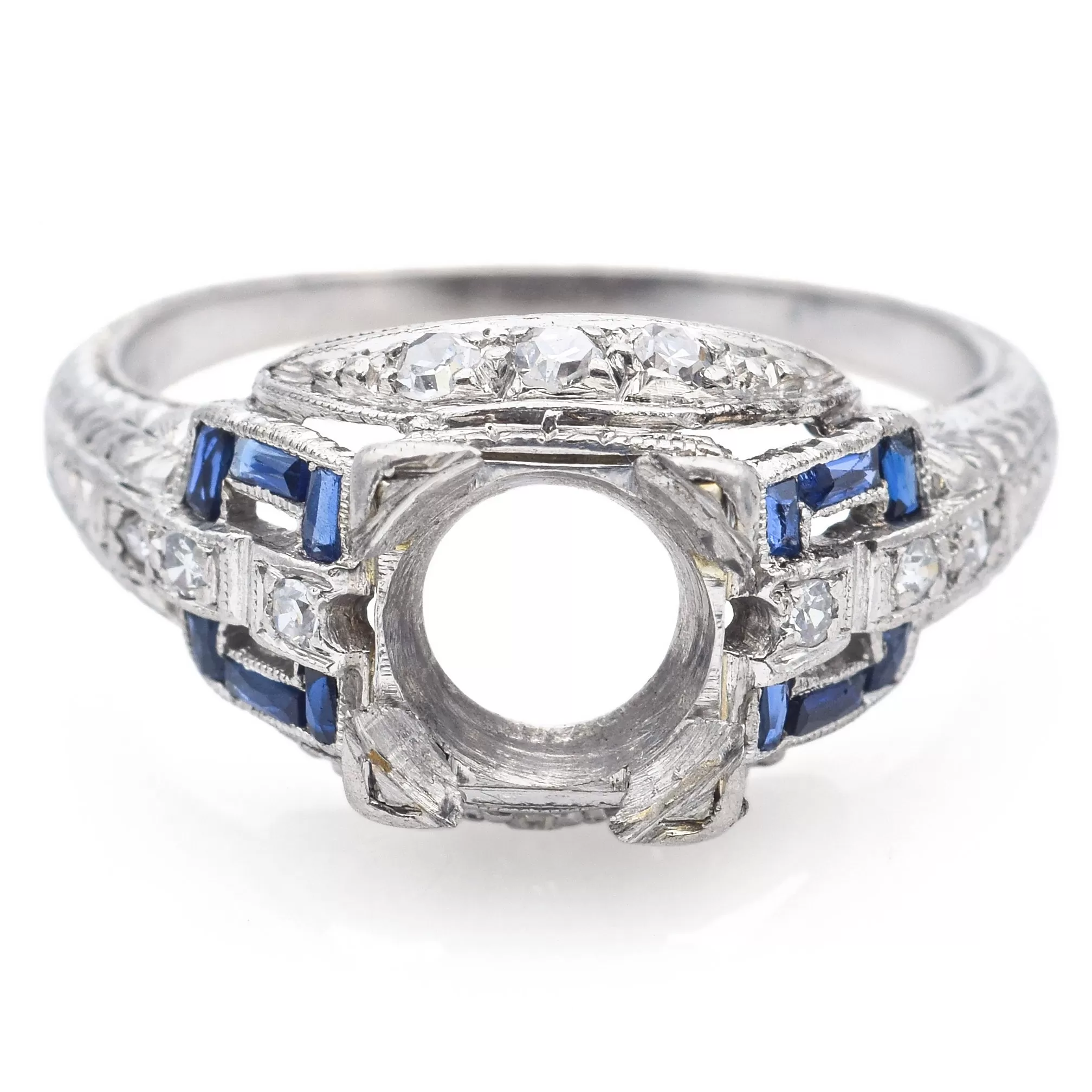 Antique Art Deco Platinum Diamond & Sapphire 8 mm Semi-Mount Band Ring Size 6.5