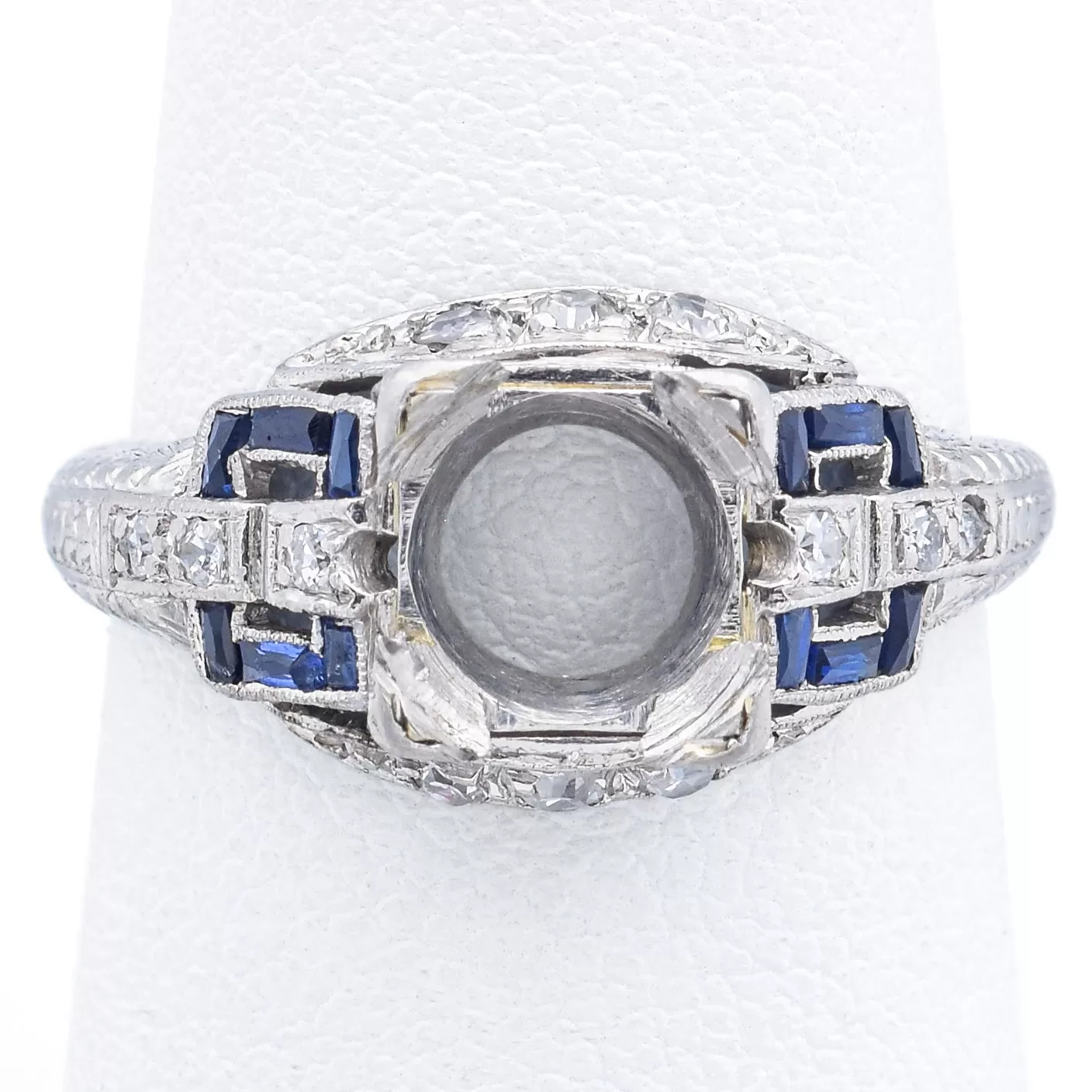 Antique Art Deco Platinum Diamond & Sapphire 8 mm Semi-Mount Band Ring Size 6.5