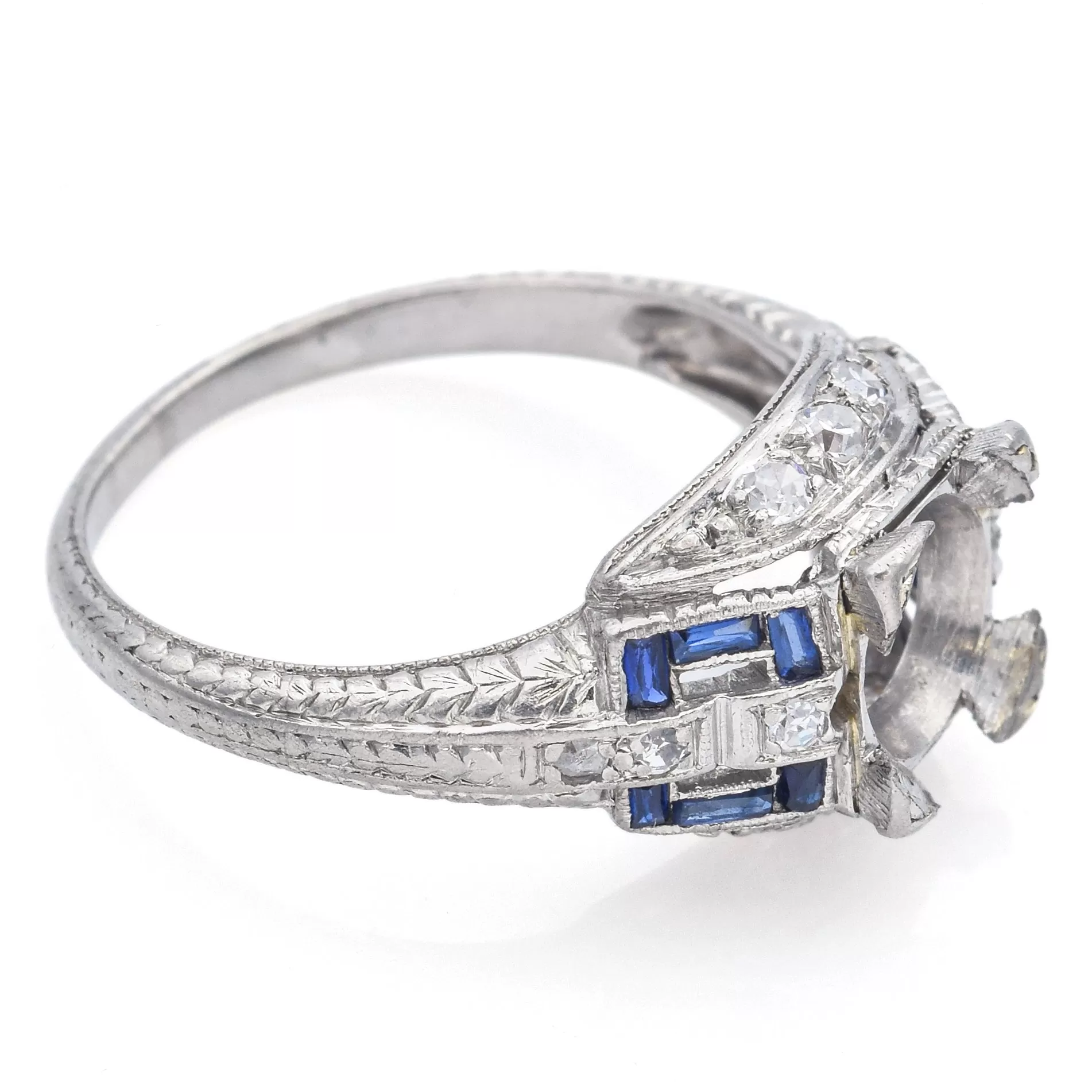 Antique Art Deco Platinum Diamond & Sapphire 8 mm Semi-Mount Band Ring Size 6.5