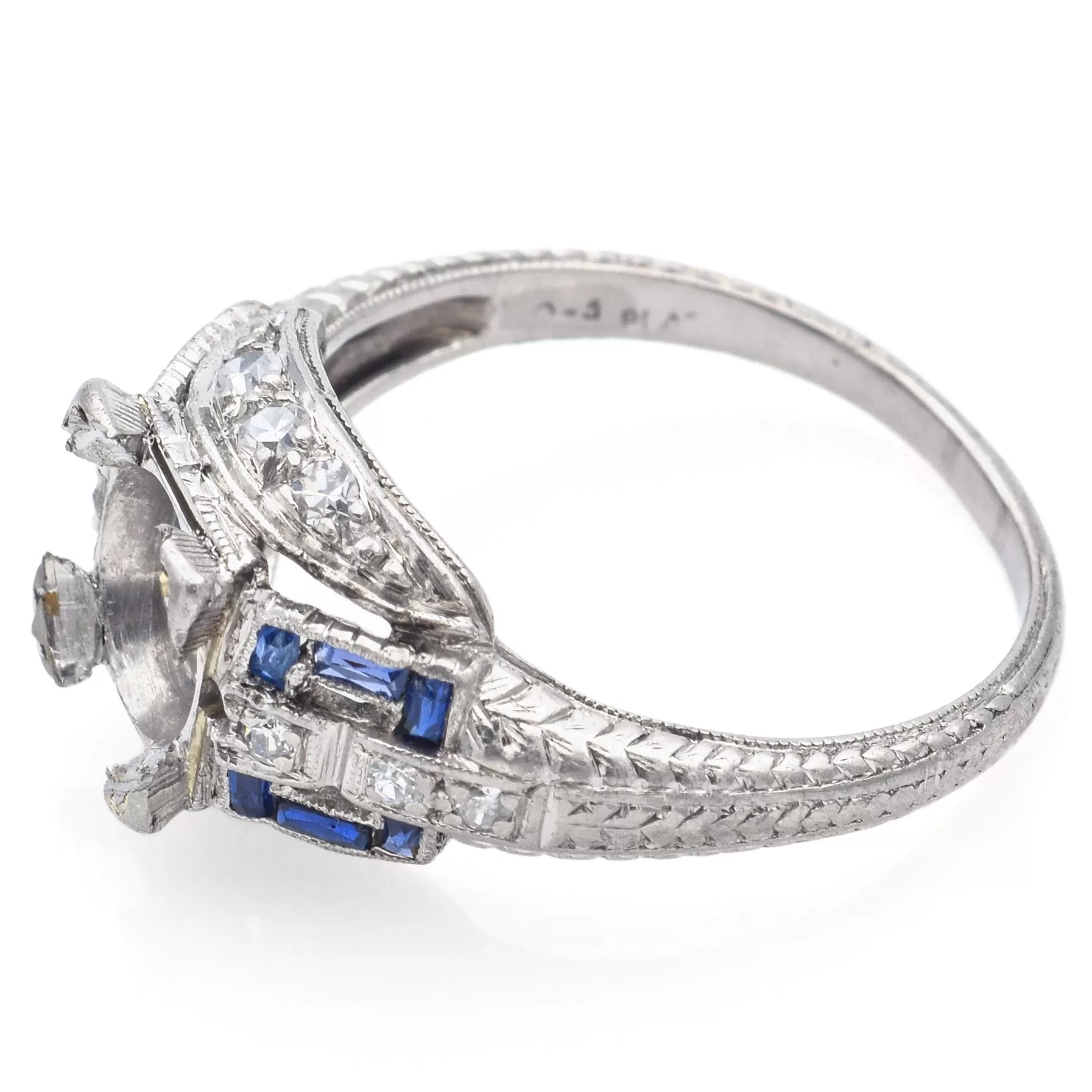 Antique Art Deco Platinum Diamond & Sapphire 8 mm Semi-Mount Band Ring Size 6.5