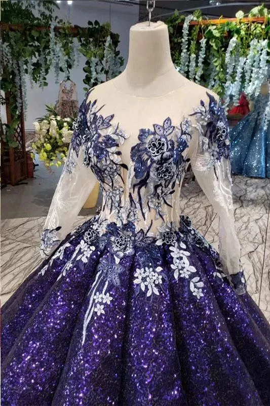 Ball Gown Ombre Sparkly Long Sleeve Sequins Prom Dresses, Quinceanera Dresses STK15066