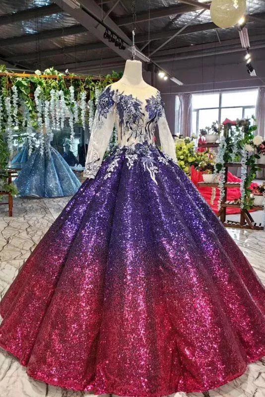 Ball Gown Ombre Sparkly Long Sleeve Sequins Prom Dresses, Quinceanera Dresses STK15066