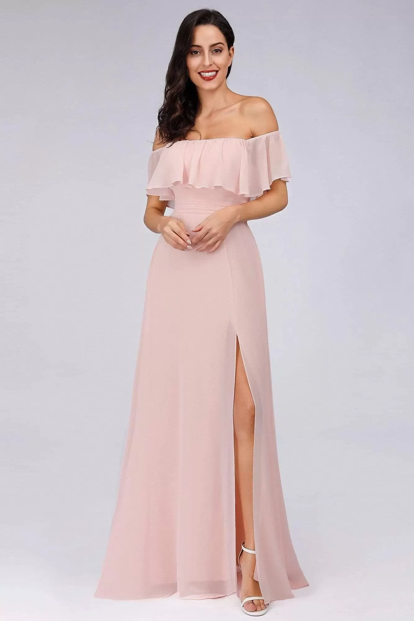 Charming Off Shoulder Ruffle Pink Chiffon Long Prom Dresses Bridesmaid Dresses STK15114