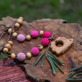 Crunchy Mama Nursing Necklace with Hedgehog in Pink Crocheted Beads