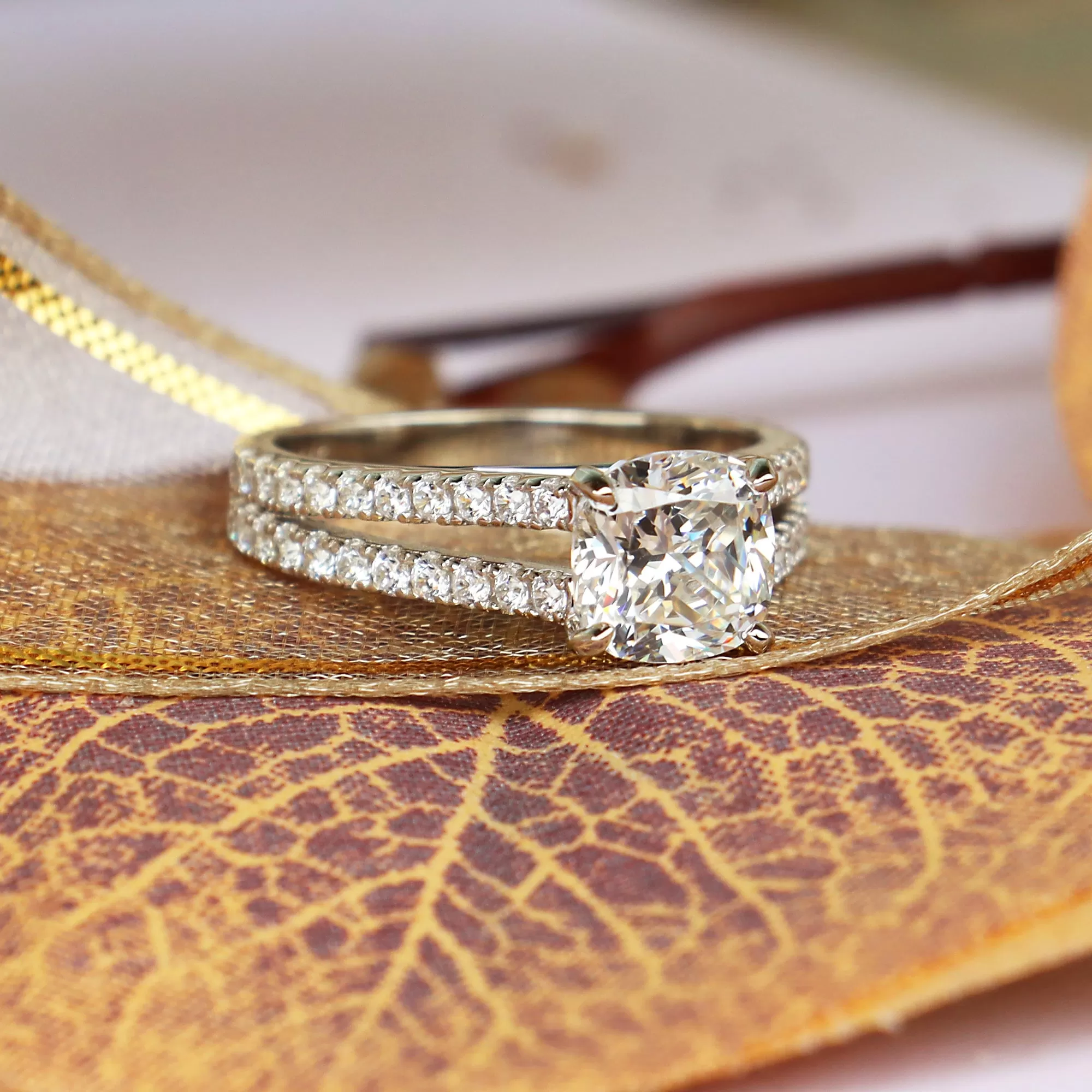 Cushion Cut Sterling Silver Ring With Paved Sidestones