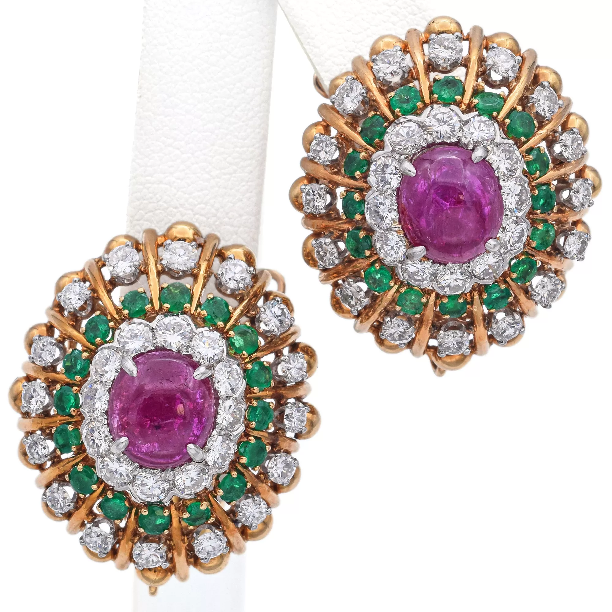 David Webb 18K Gold & Platinum Ruby, Emerald & 3.86 TCW Diamond Omega Earrings