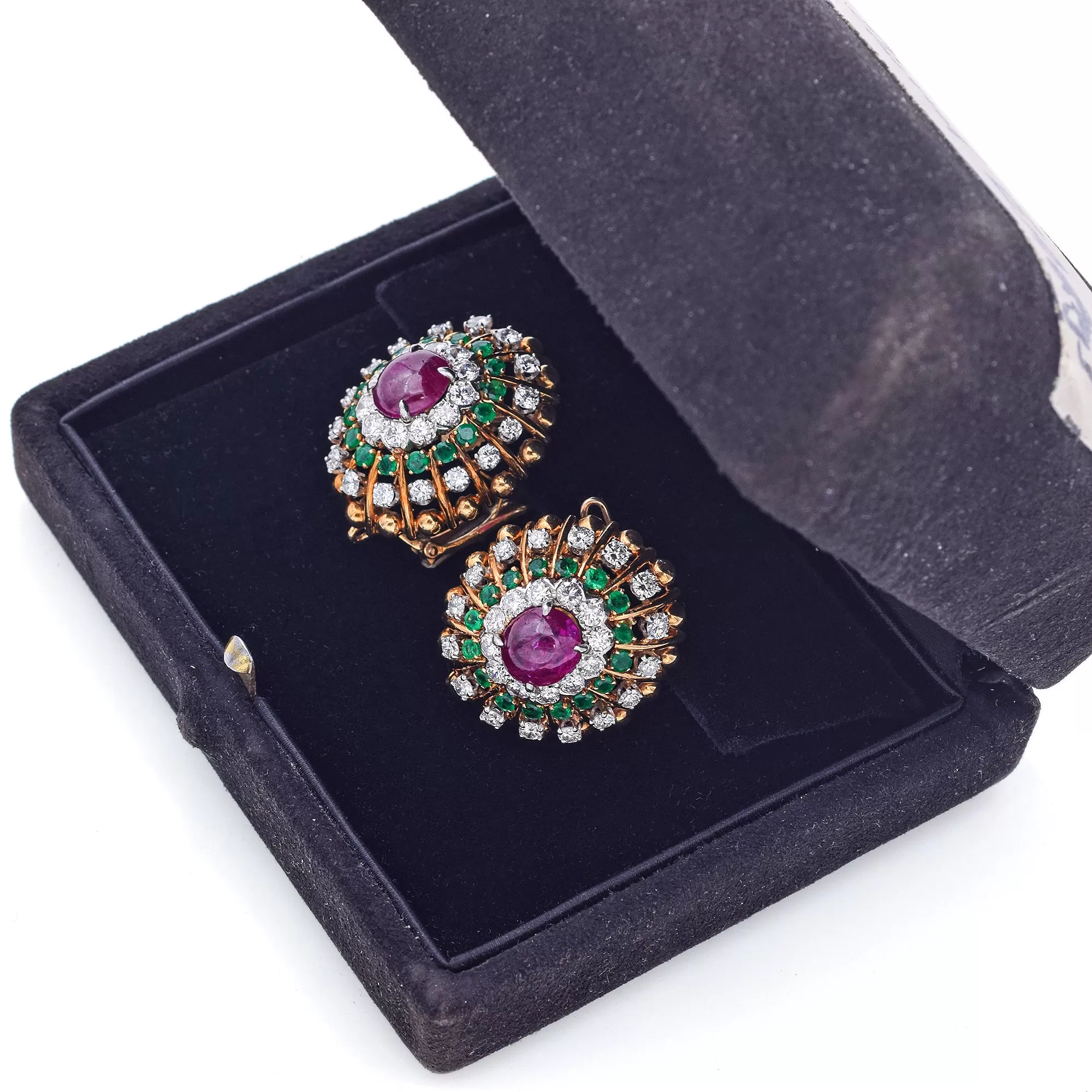 David Webb 18K Gold & Platinum Ruby, Emerald & 3.86 TCW Diamond Omega Earrings