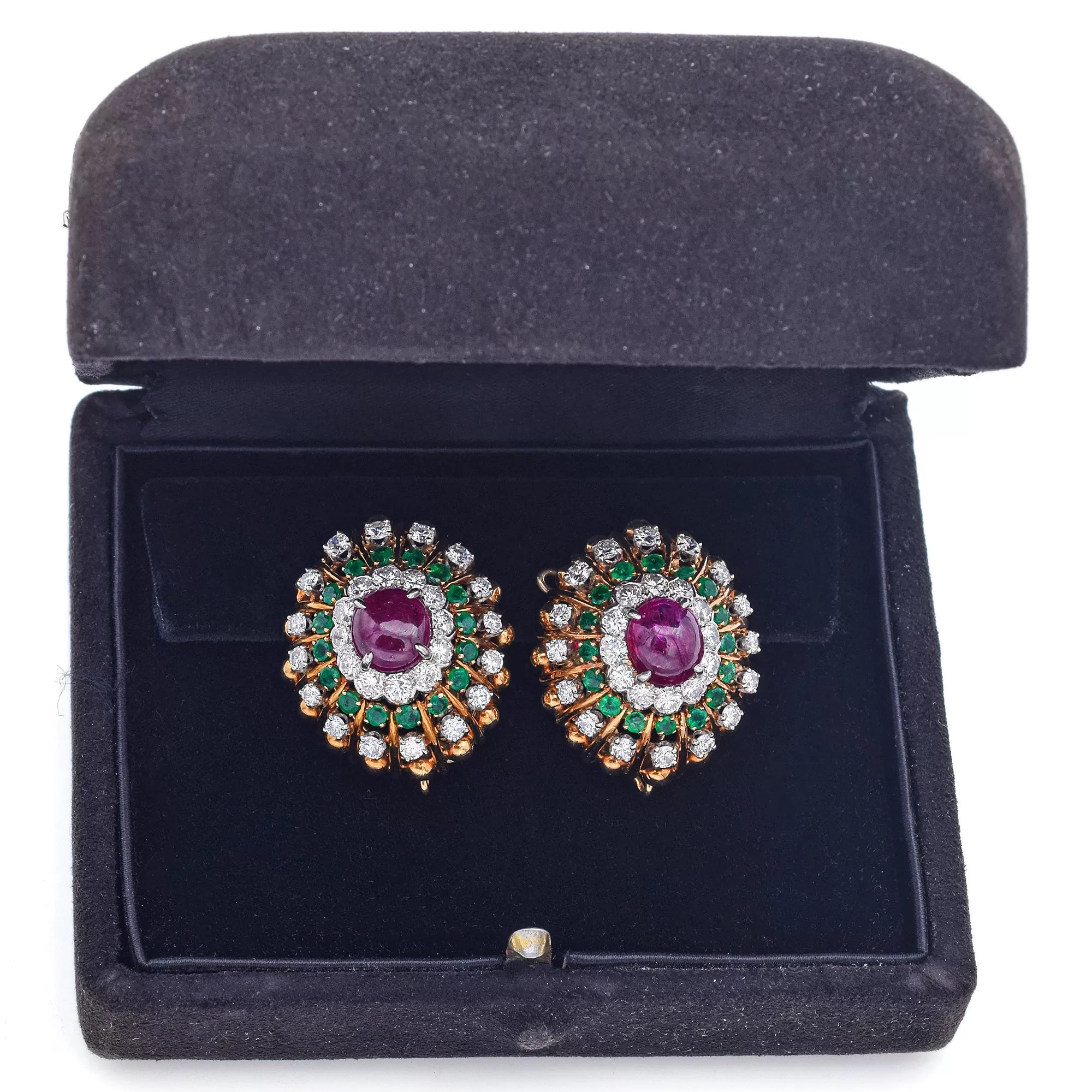 David Webb 18K Gold & Platinum Ruby, Emerald & 3.86 TCW Diamond Omega Earrings