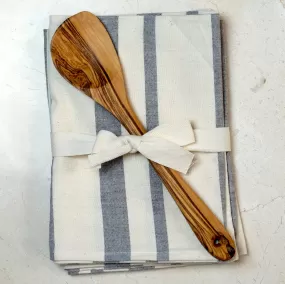 Dish Towel Set With Olive Wood Spoon Gift