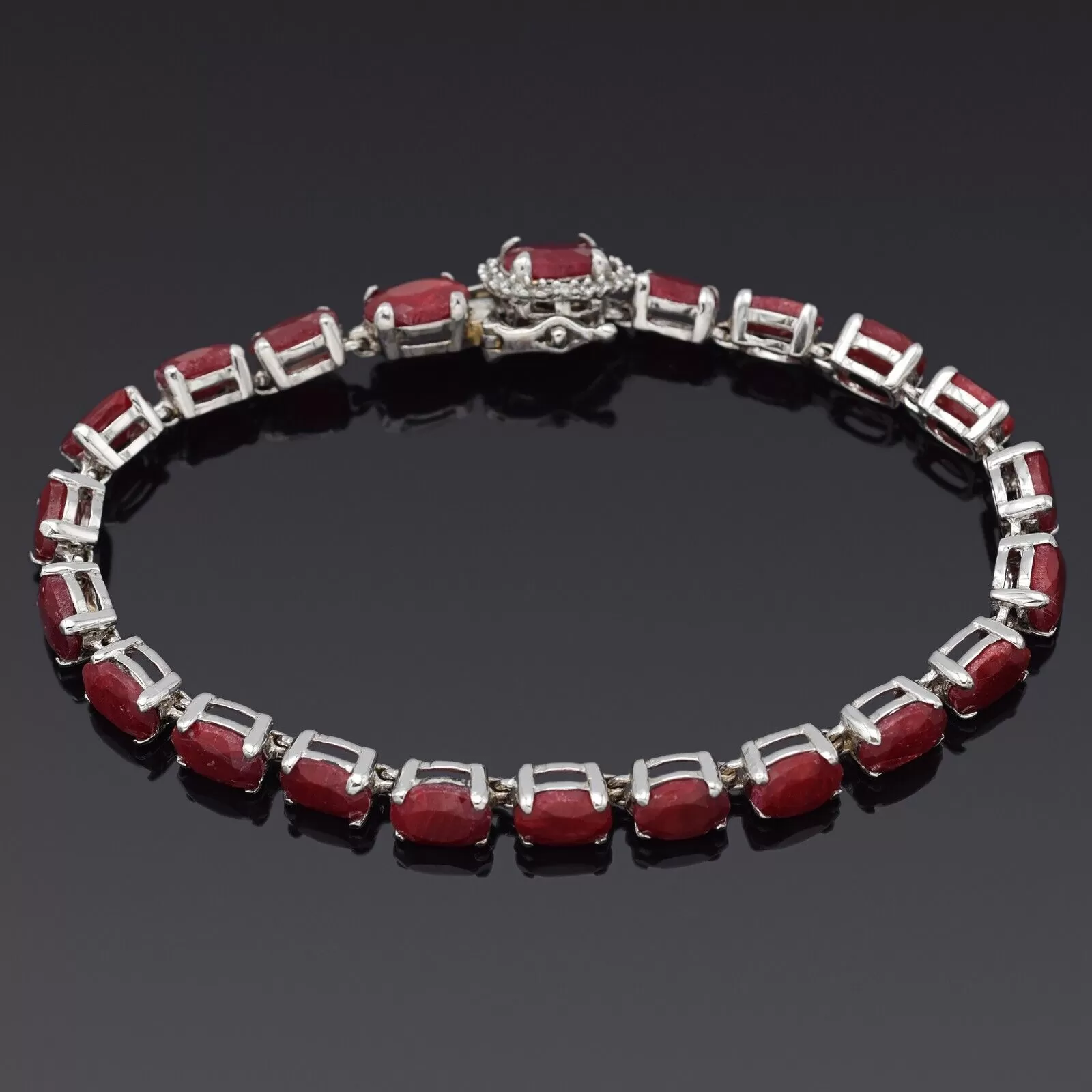 Estate 14K White Gold Red Ruby & Diamond Oval Tennis Bracelet 14.0G 6.75"