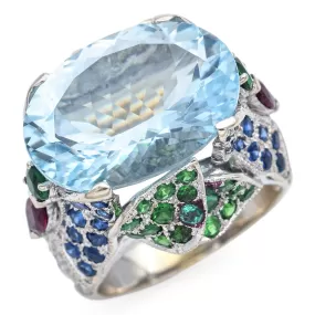 Estate 18K White Gold 11.35 Ct Aquamarine, Multi-Stone & 0.44 TCW Diamond Ring