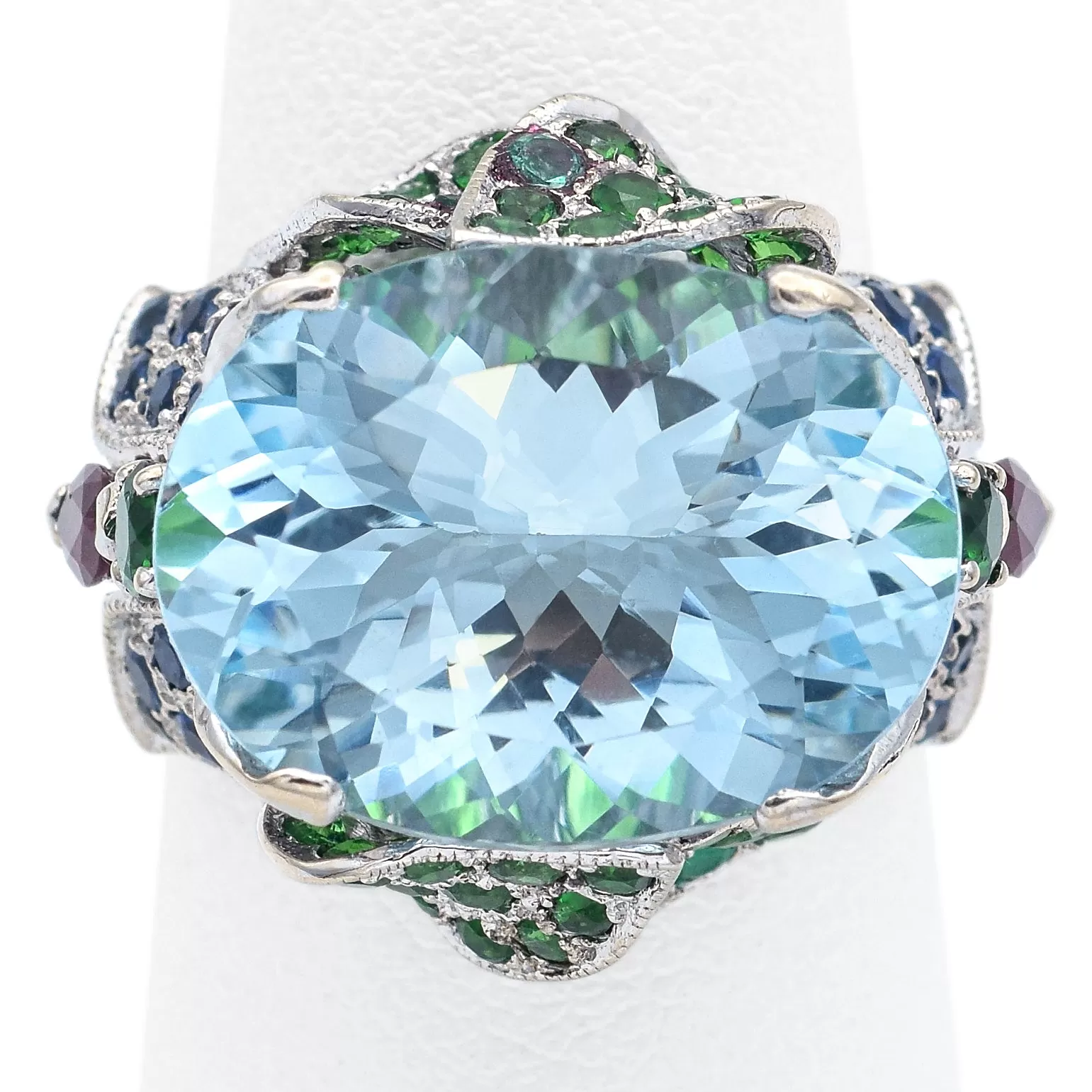 Estate 18K White Gold 11.35 Ct Aquamarine, Multi-Stone & 0.44 TCW Diamond Ring