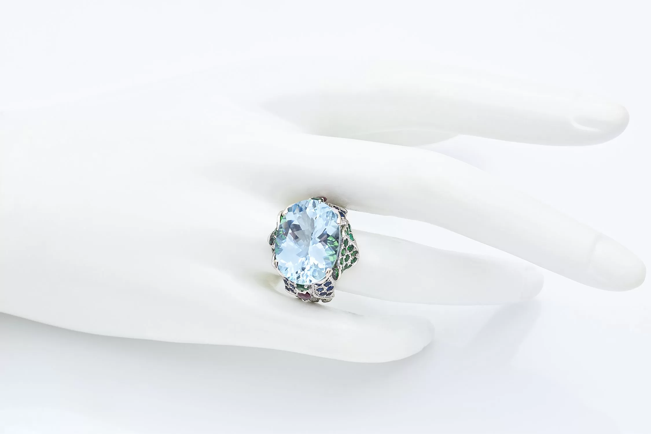 Estate 18K White Gold 11.35 Ct Aquamarine, Multi-Stone & 0.44 TCW Diamond Ring