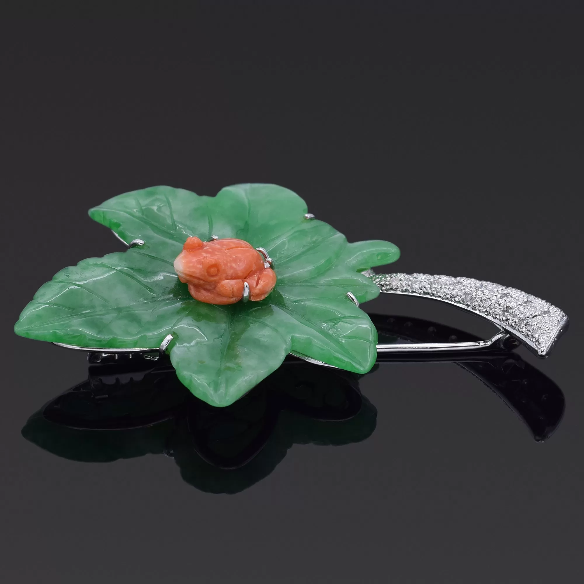 Estate 18K White Gold Green Jade, Red Coral & Diamond Frog Leaf Brooch Pendant